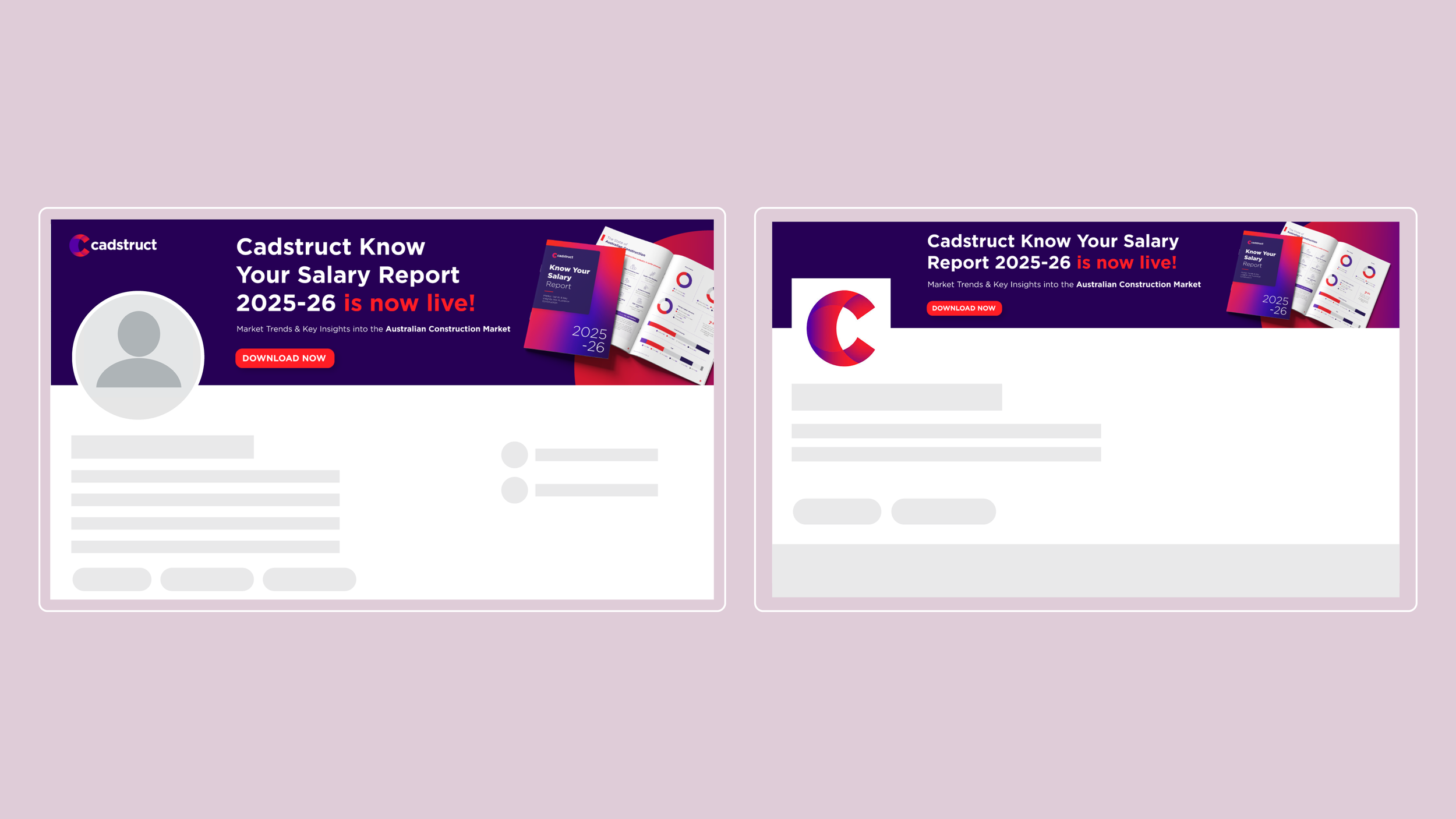 Comparison of two social media posts advertising the launch of the Cadstruct Know Your Salary Report 2025-26, featuring report cover images, a logo, and a call-to-action button.