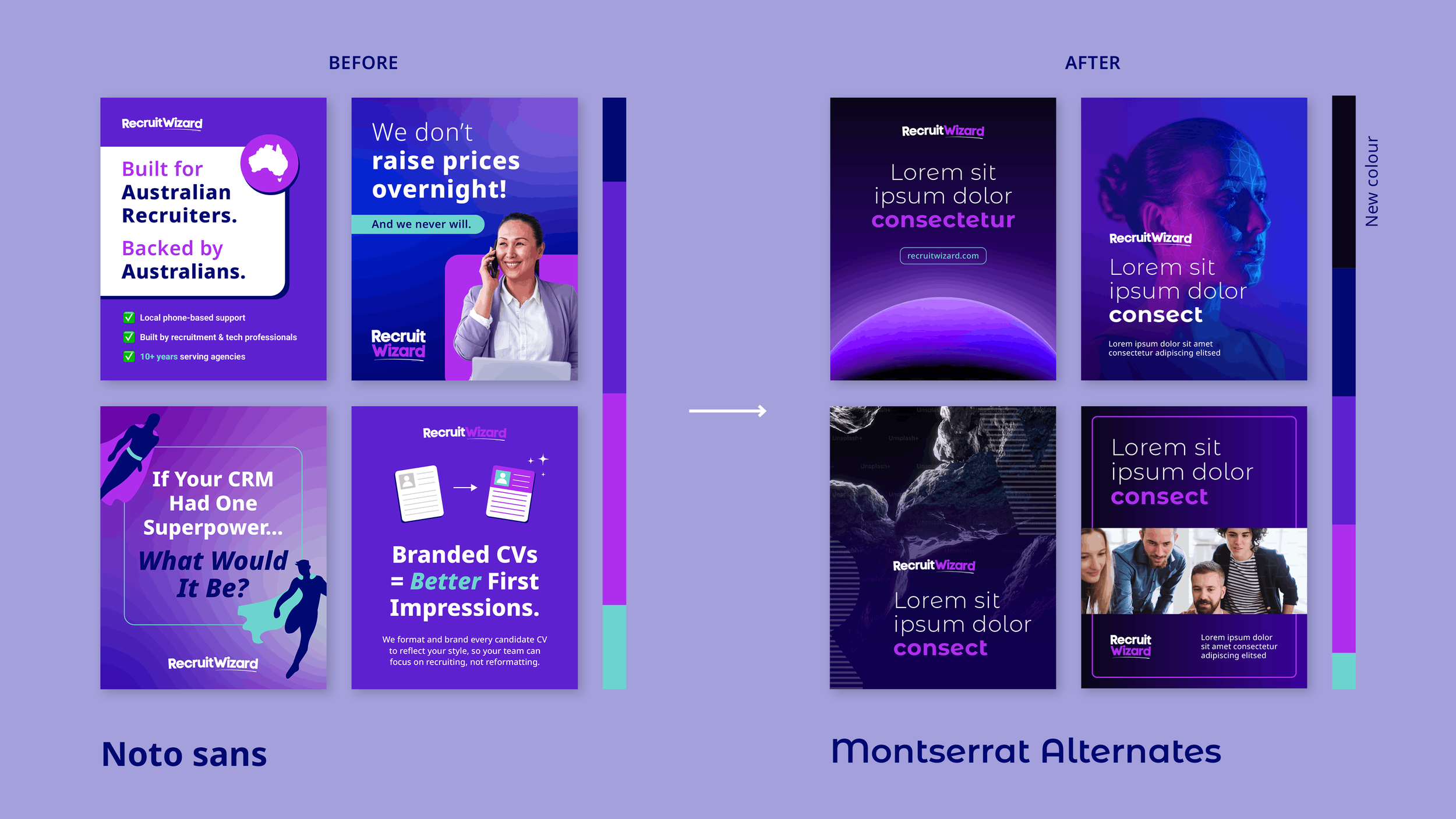 Comparison of two sets of four promotional posters before and after a design update, showing changes in layout, imagery, and color scheme for a recruitment company with a purple theme.