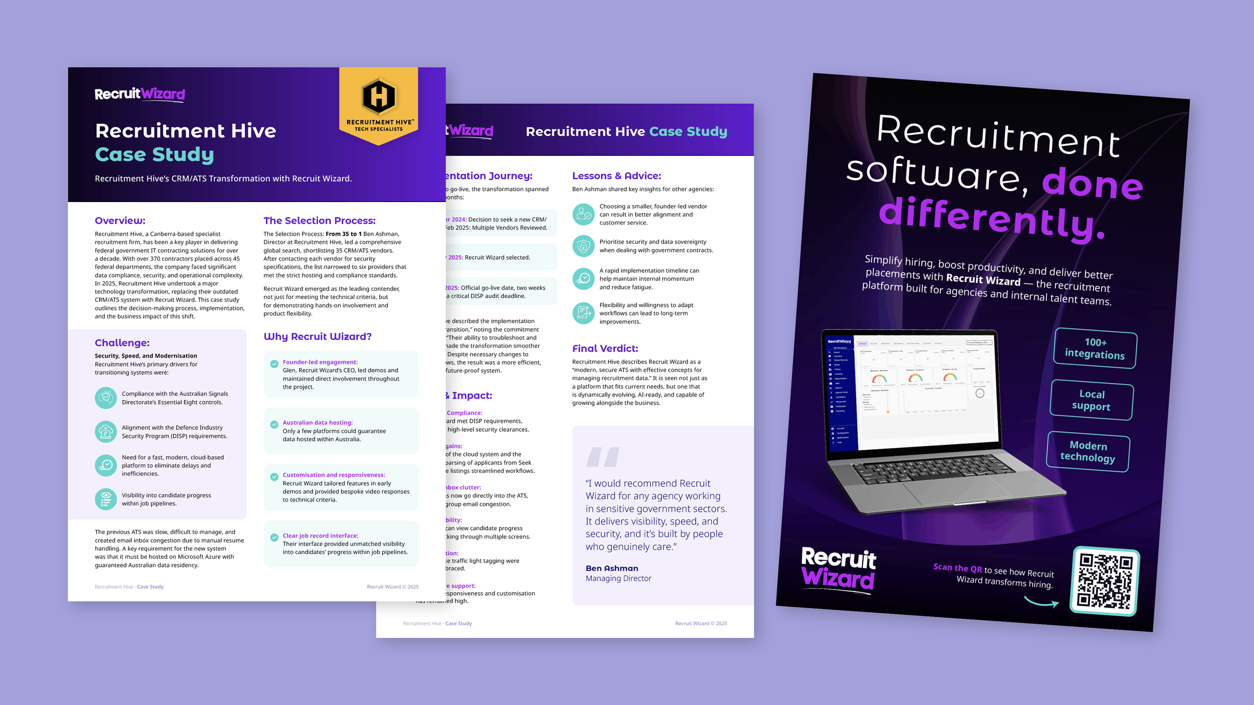 Three pages of a recruitment software case study brochure. The front page features a dark purple and black background with a laptop displaying a dashboard, a QR code, and text that says "Recruitment software, done differently." The inner pages contain sections with text, headings, and icons about the case study, challenges, results, and lessons learned related to transforming recruitment with Recruit Wizard.