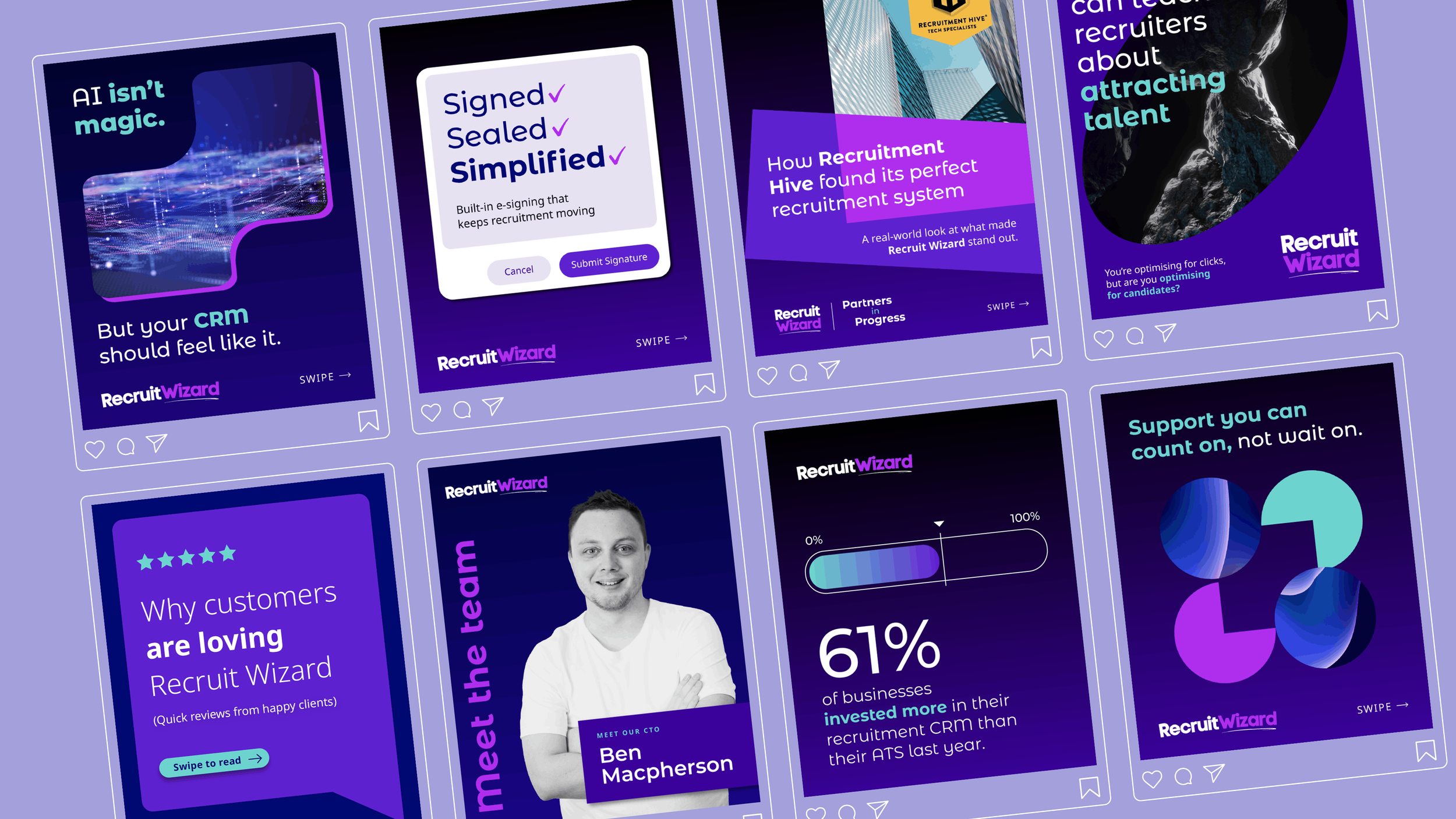 Series of social media posts and graphics about Recruit Wizard's recruitment software, featuring text, graphs, and images of people, with a blue and purple color theme.