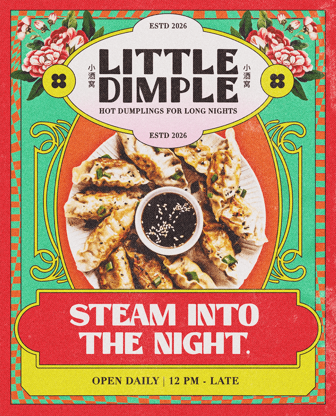 Colorful restaurant menu for Little Dimple featuring an image of steamed dumplings with dipping sauce, with text indicating the restaurant's name, slogan, and hours.