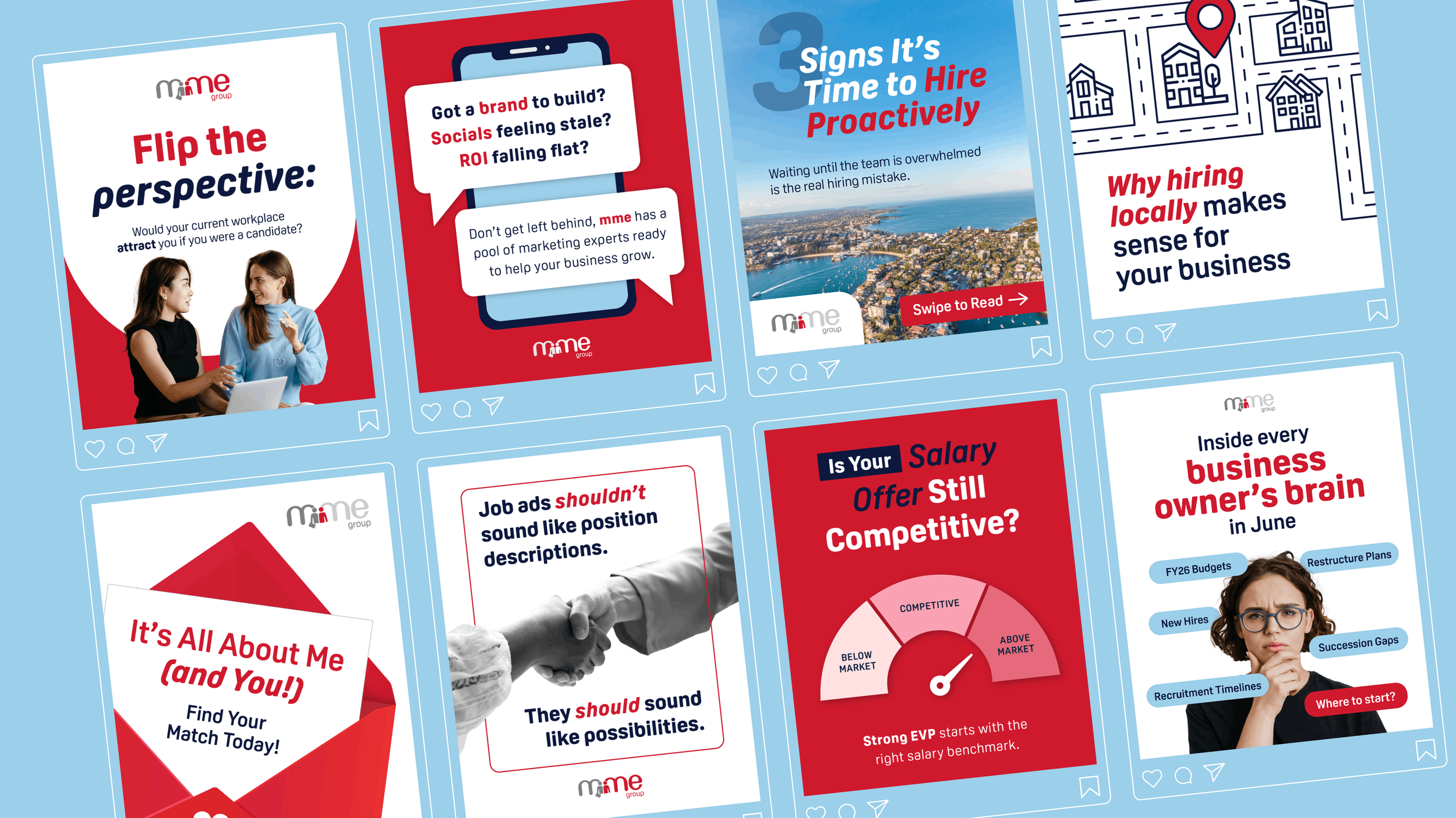 A collection of eight social media-style graphics promoting business and marketing topics. Topics include workplace attraction, building brands, hiring proactively, local hiring, avoiding misleading job ads, salary competitiveness, and understanding a business owner's mindset. The graphics feature images of professionals, a city skyline, and icons, with bold red, black, white, and blue text and design elements.