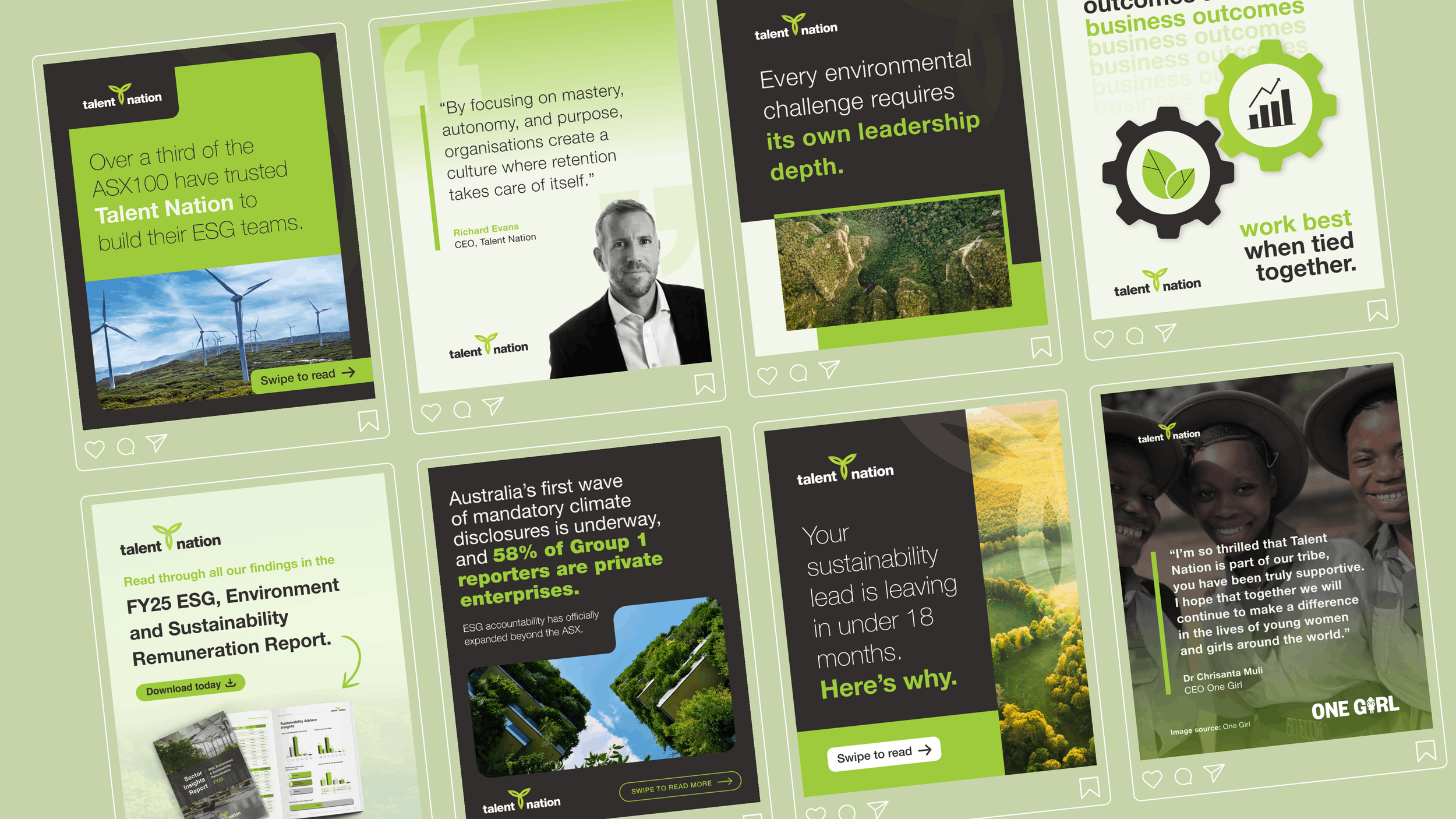 A collage of social media-style images and posts related to Talent Nation, an organization focused on environmental sustainability, climate disclosure, and empowering women, featuring charts, quotes, and photos of wind turbines, people, and nature scenes.