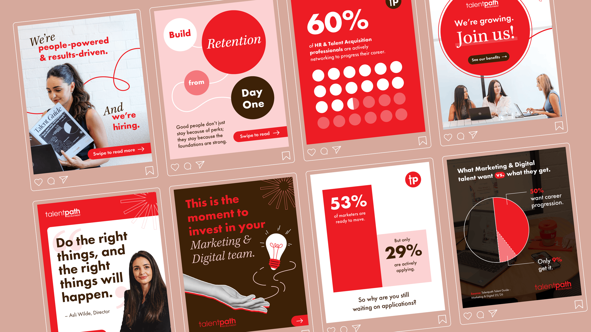 Collection of eight recruitment and marketing infographic posts, featuring statistics, motivational messages, and promotional content, with a red, white, black, and pink color scheme.