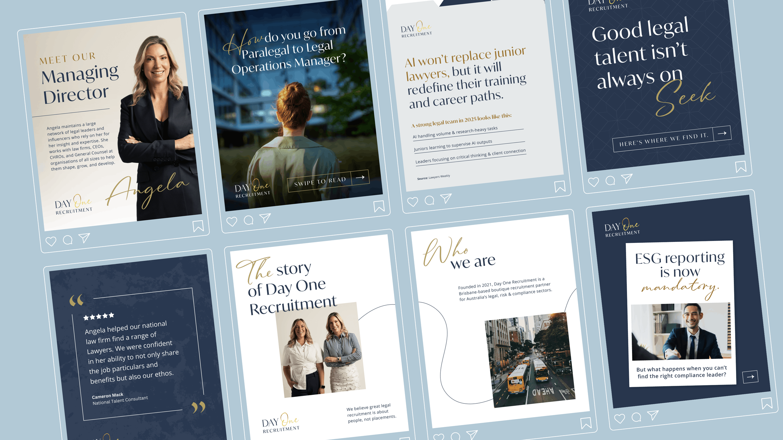 A grid of social media-style posts about Day One Recruitment, featuring photos of people and text about legal recruitment services and company information.