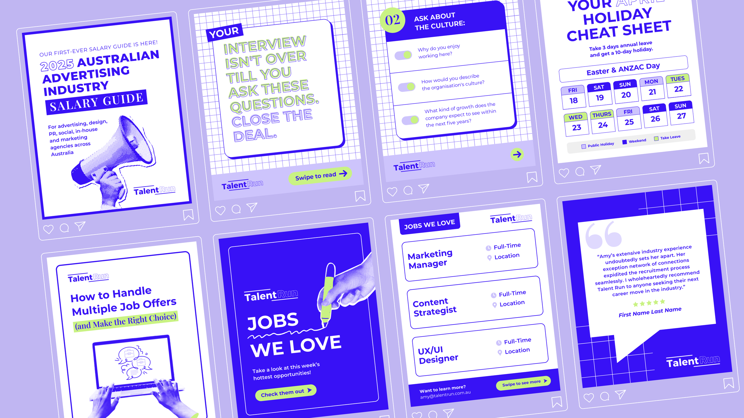 A series of social media-style graphic posts related to the Australian advertising industry salary guide, including tips on handling multiple job offers, job opportunities, and industry insights, with text, icons, and calendar elements all in blue, green, and purple tones.