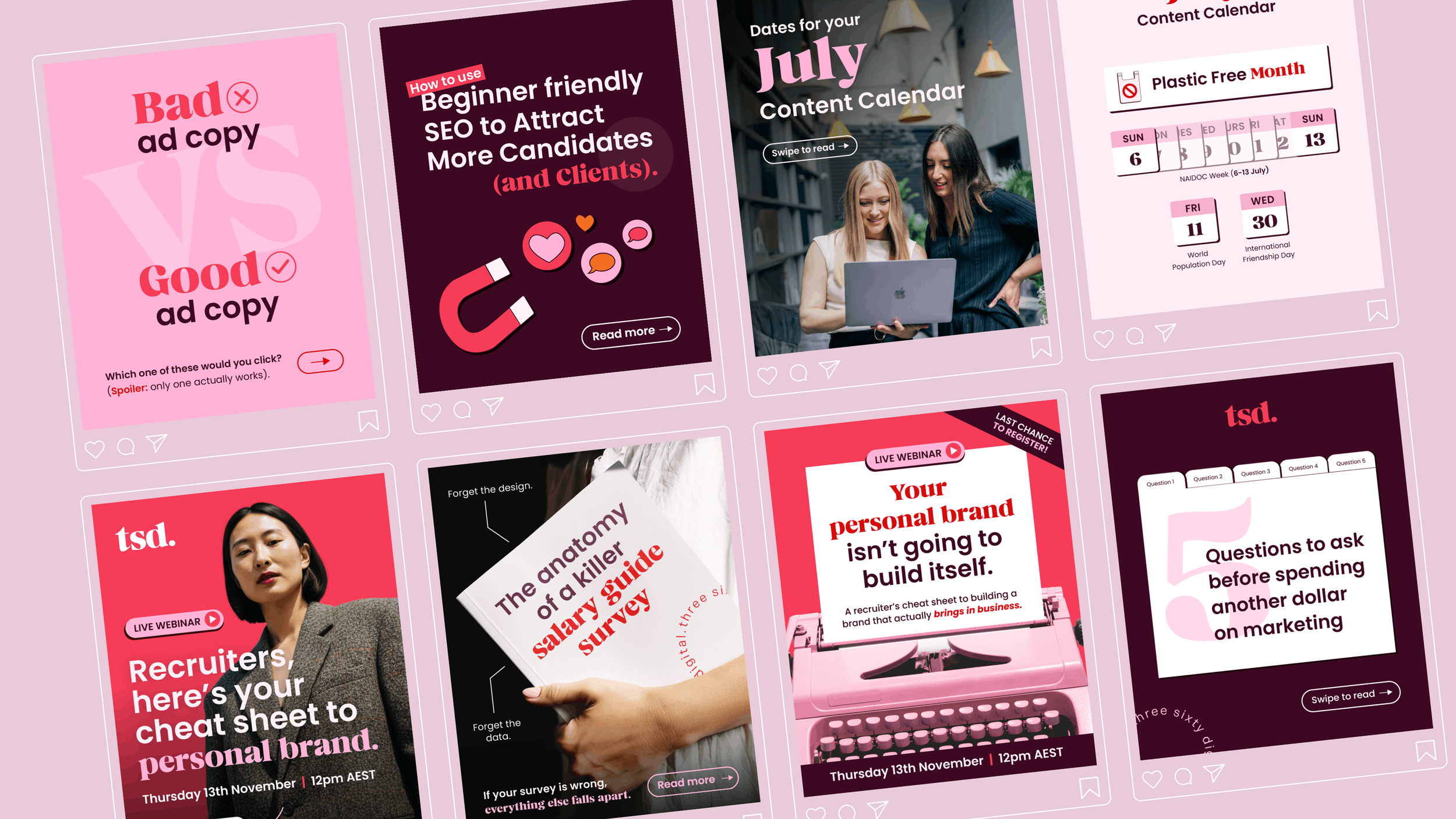 Multiple menu banners for Little Dimple restaurant, including a large red banner with white text repeating 'MENU' four times, and smaller white and green menus listing dishes like hot dumplings, little sides, and cocktails.