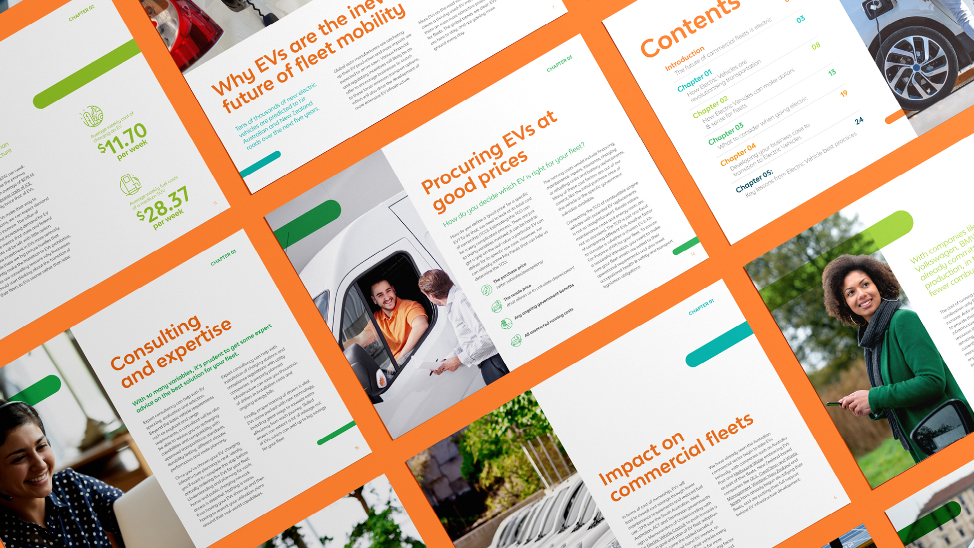 Images of various pages from a brochure or magazine discussing electric vehicles, including topics on EV fleet mobility, procurement of EVs at good prices, consulting and expertise, impact on commercial fleets, and contents listing; some pages show pictures of people and EVs.