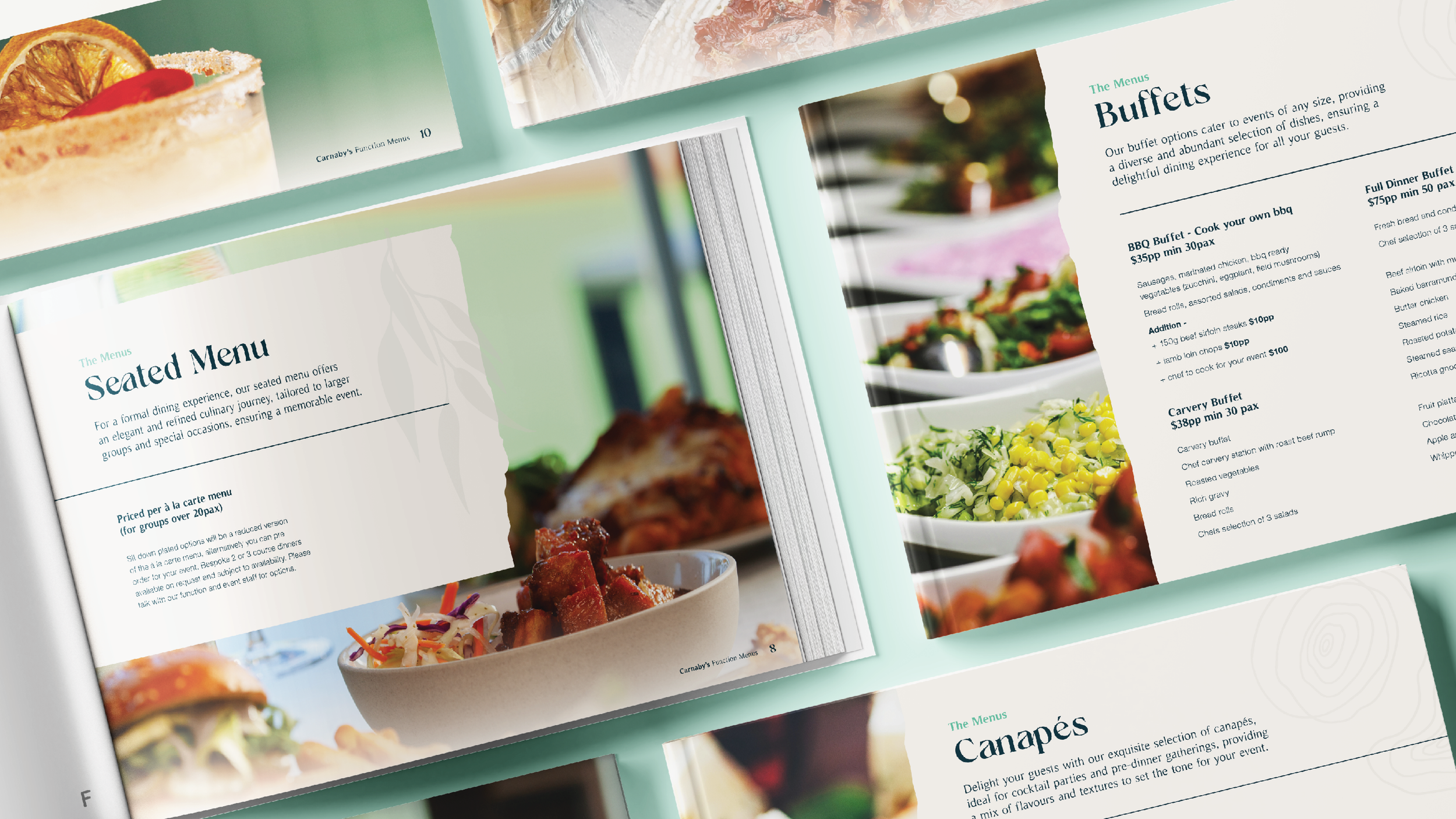 Open restaurant menus featuring food options, including a seated menu and buffets, with images of salads, grilled meats, and visually appealing dishes.