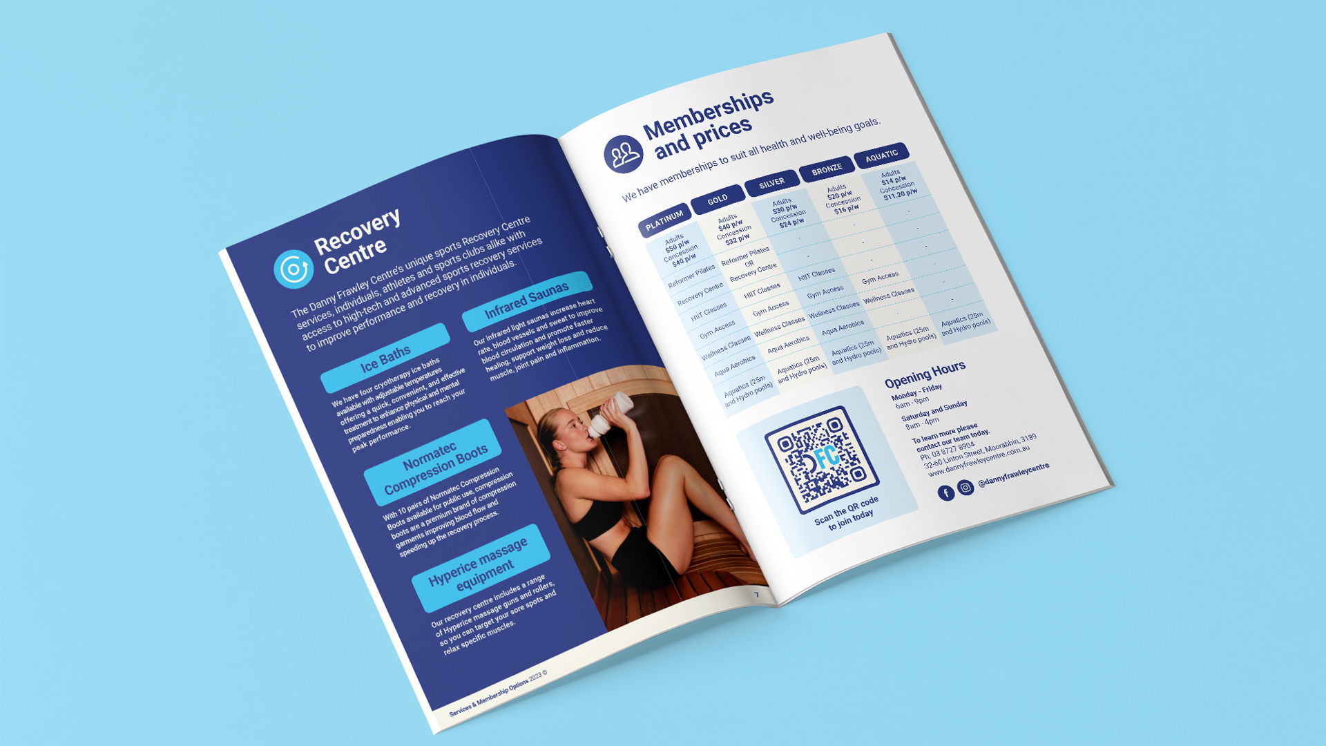 Open magazine displaying a section on Recovery Centre with amenities such as ice baths, infrared saunas, compression boots, hyperice massage equipment, and membership and pricing details, including a QR code for joining.