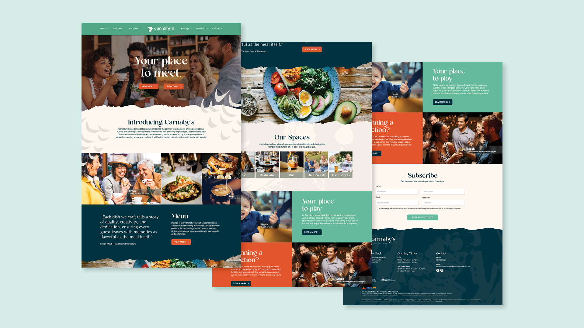Three overlapping restaurant website homepage layouts featuring images of food, people dining, and children playing, with sections for menu, spaces, and subscription form.