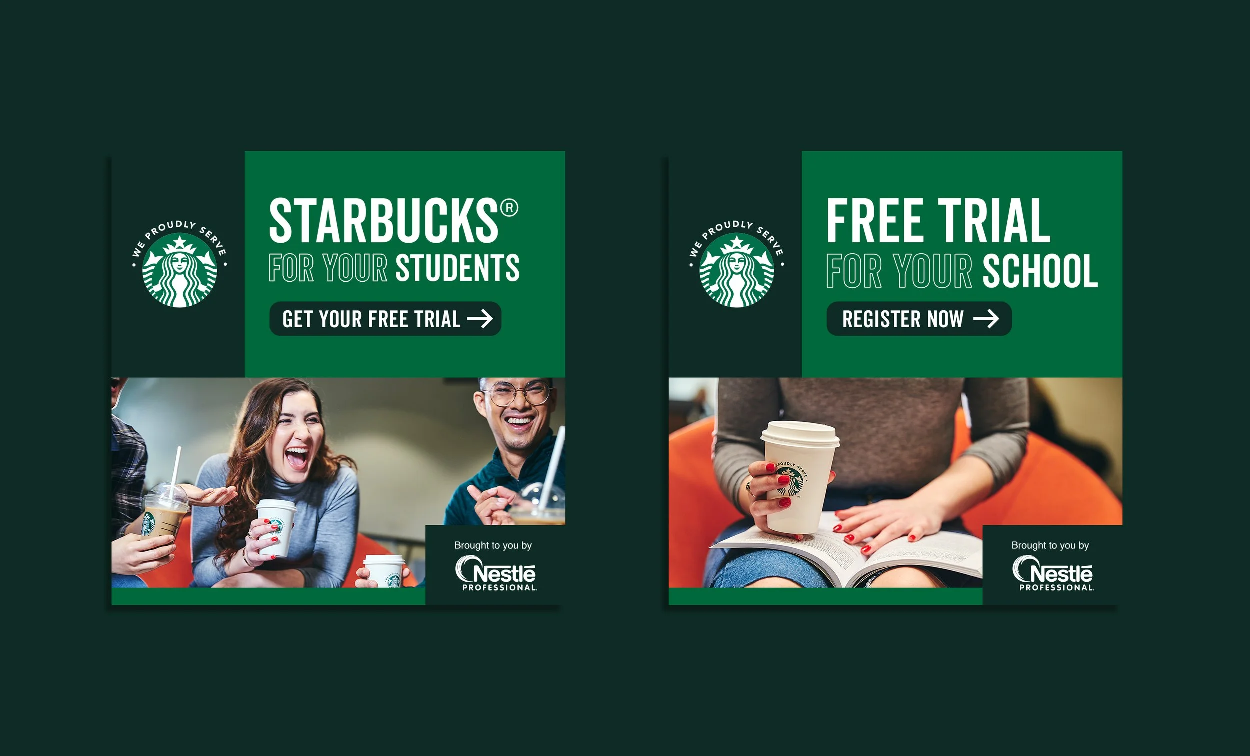 Two promotional Starbucks flyers. The left flyer offers free trials for students, featuring a woman laughing and holding a Starbucks drink. The right flyer offers a free trial for schools, showing a person holding a Starbucks drink while reading a book.