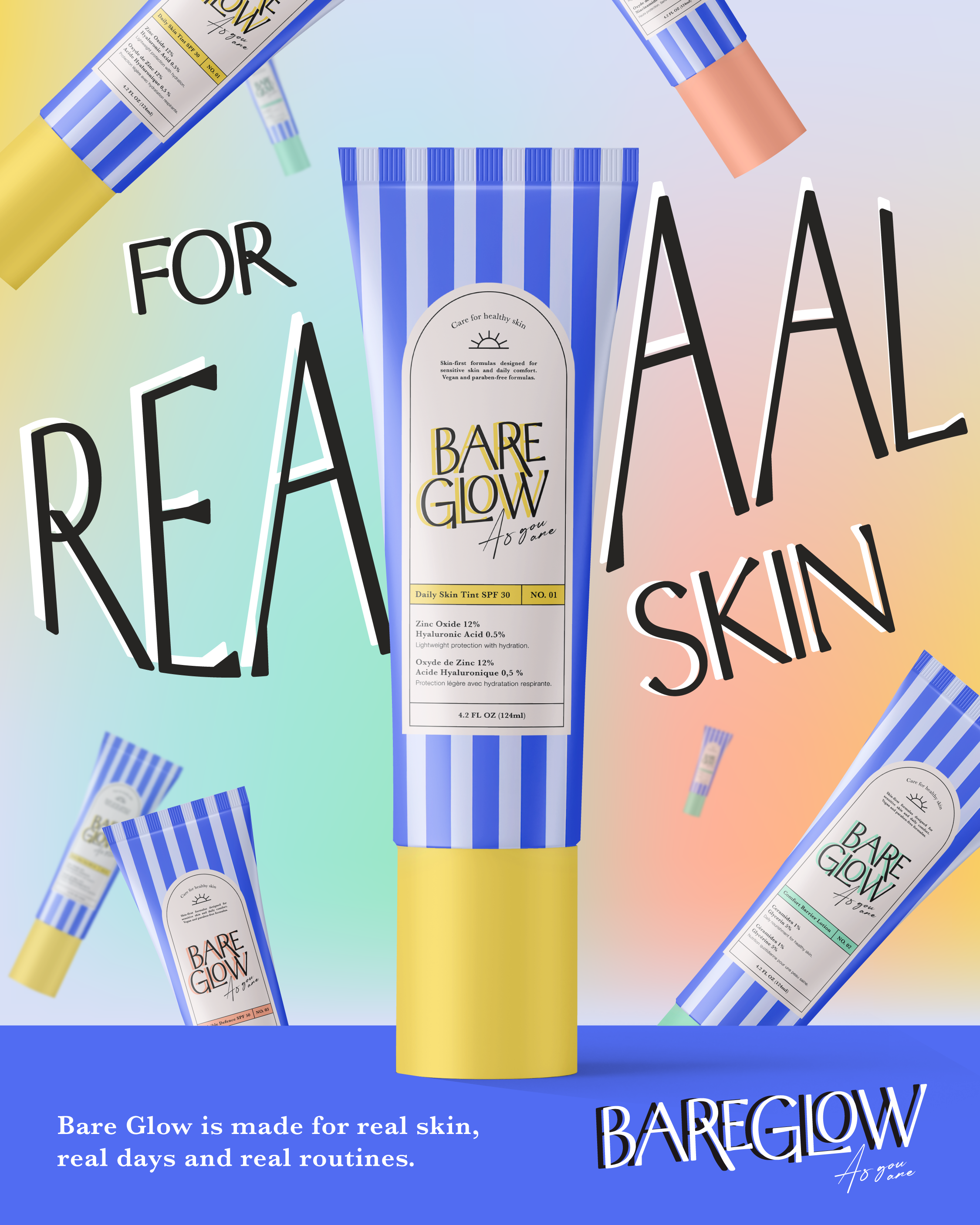 A promotional image for Bare Glow skincare product featuring multiple tubes of sunscreen and skincare cream with striped packaging in yellow, blue, green, and white. The background has a gradient of pastel colors and large black and white text reading, "For Real, Skin" and "Bare Glow". A paragraph at the bottom states, "Bare Glow is made for real skin, real days and real routines."