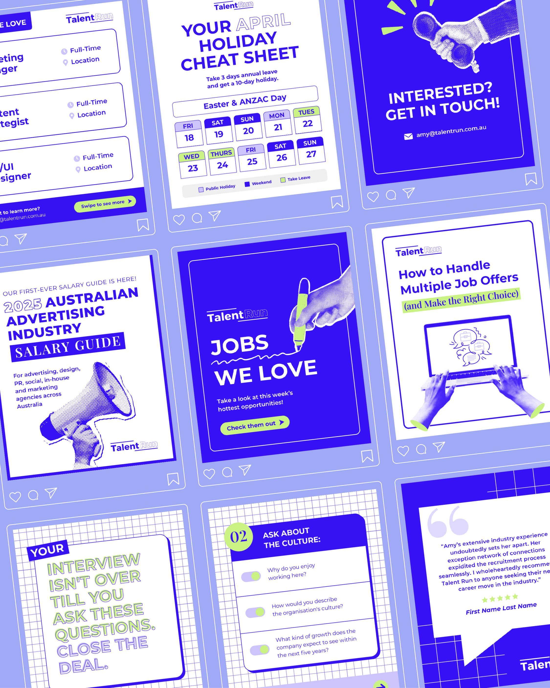 A collage of digital graphic posters with a blue and purple color scheme promoting TalentRun. The posters include various headings, such as "Your April Holiday Cheat Sheet," "How to Handle Multiple Job Offers," and "2025 Australian Advertising Industry Salary Guide," with icons, checkboxes, and icons of hands holding pens and megaphones.