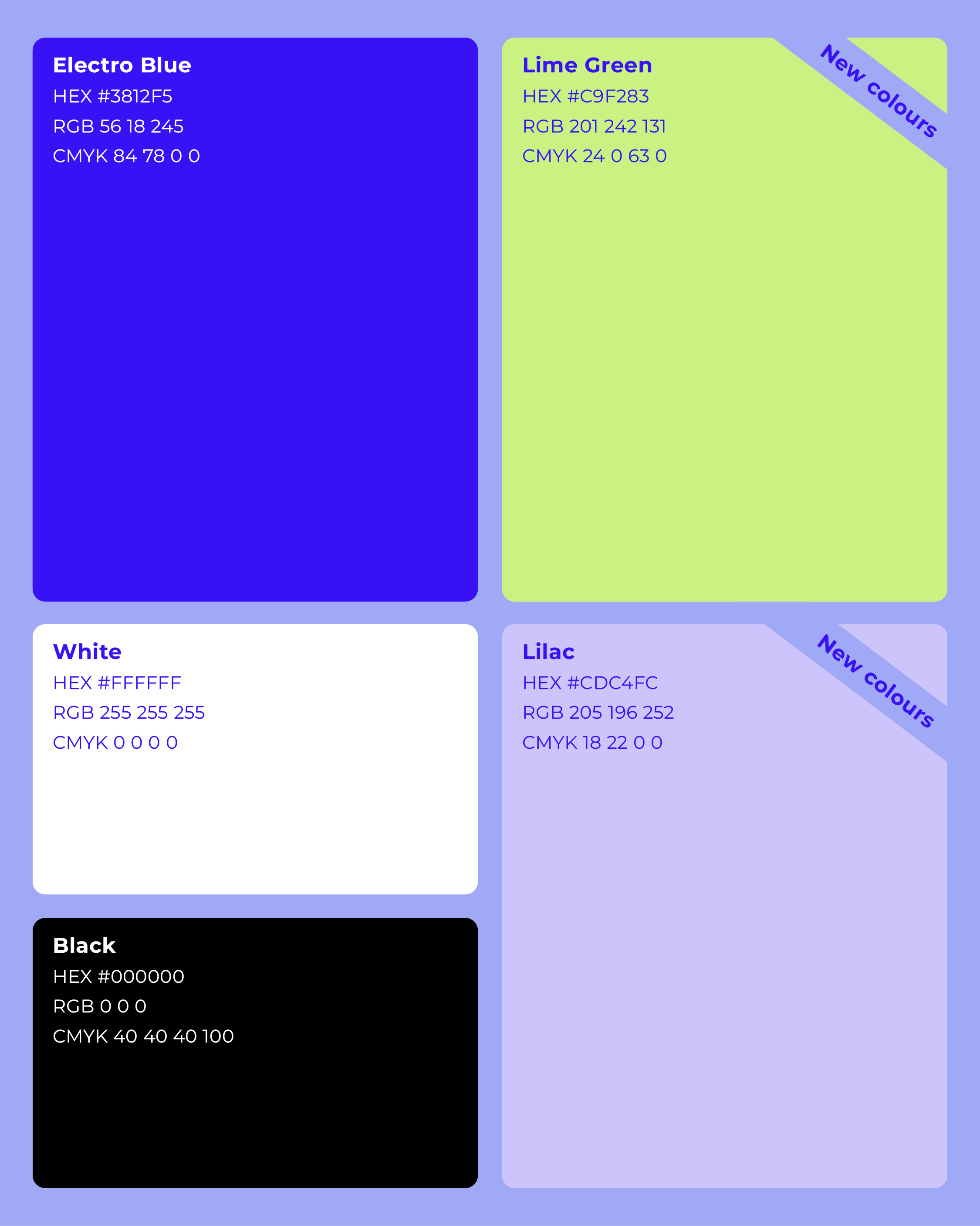 A color palette chart with four color swatches labeled Electro Blue, Lime Green, White, Lilac, and Black. Each swatch shows its hex, RGB, and CMYK values. The Lime Green and Lilac swatches have a "New colours" label.