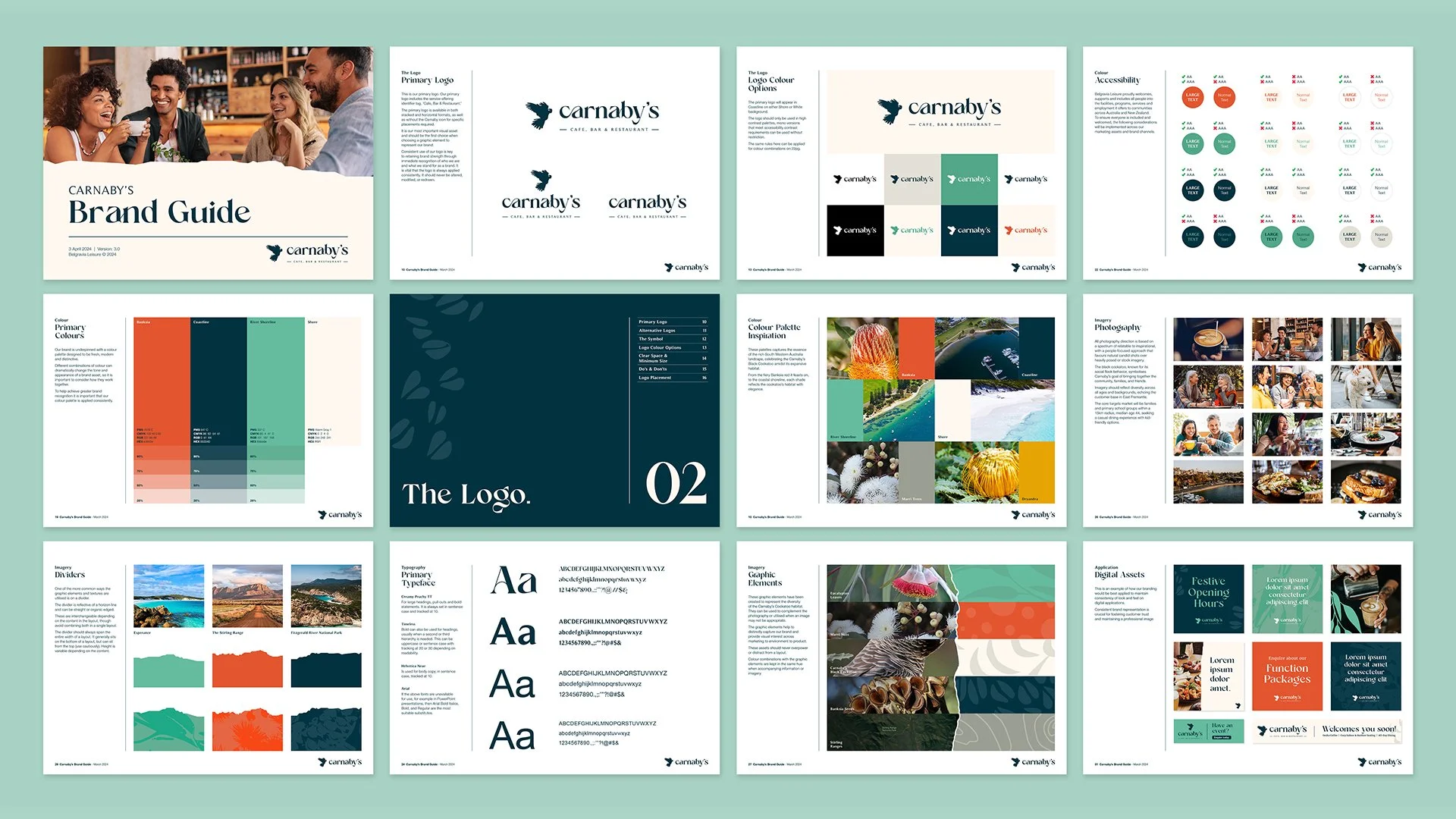 A collage of pages from Carnaby's Brand Guide, showing logo options, color palettes, typography, photography, graphic elements, digital assets, and brand messaging with images of people dining, nature scenes, and food.