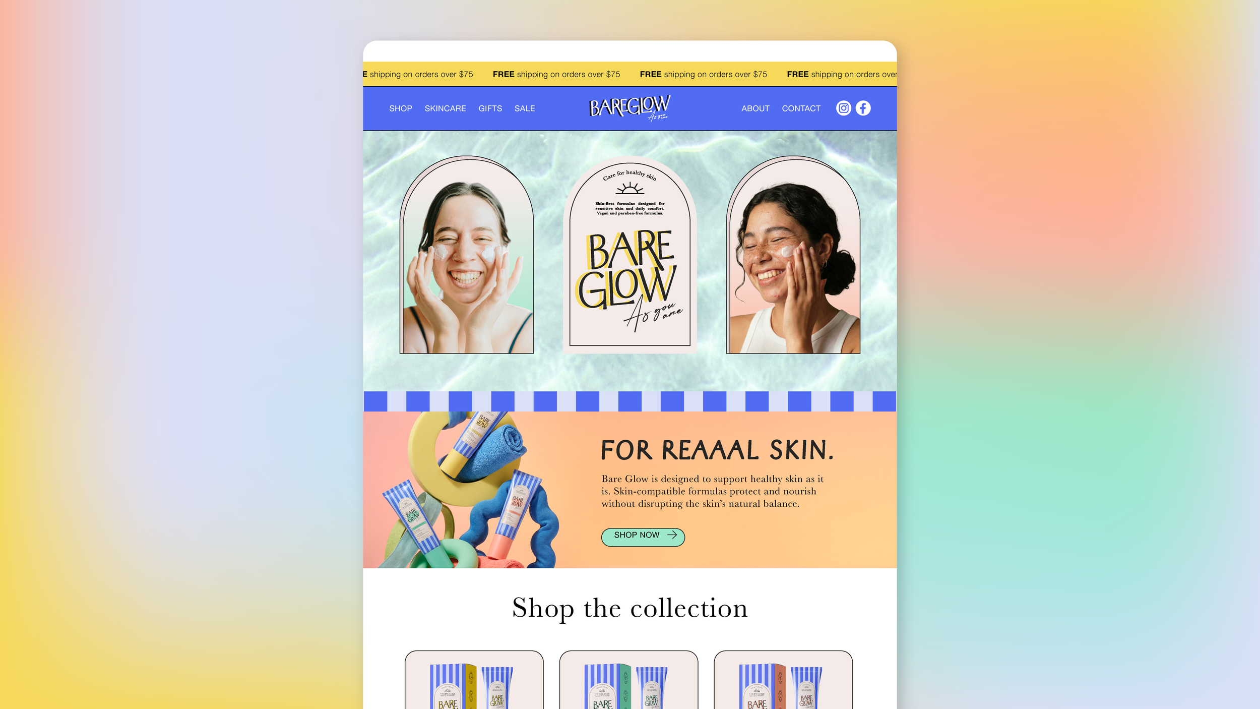 Screenshot of a skincare website called Bare Glow, featuring images of smiling women applying skincare products, promotional banners about free shipping, and a section showcasing skincare products on sale.