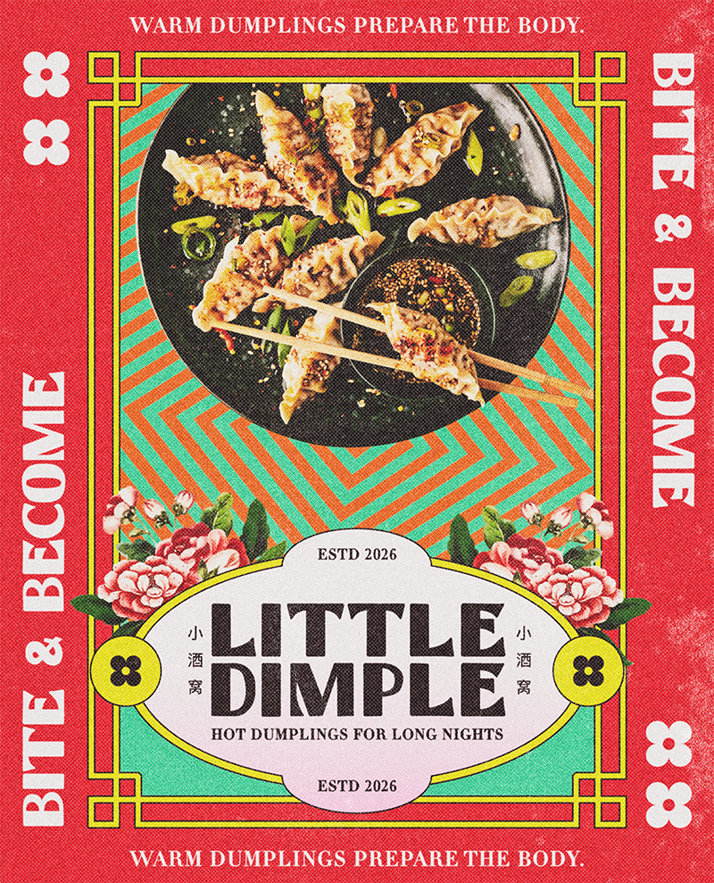 Packaging for Little Dimple hot dumplings featuring an image of cooked dumplings on a black plate garnished with chopped scallions.