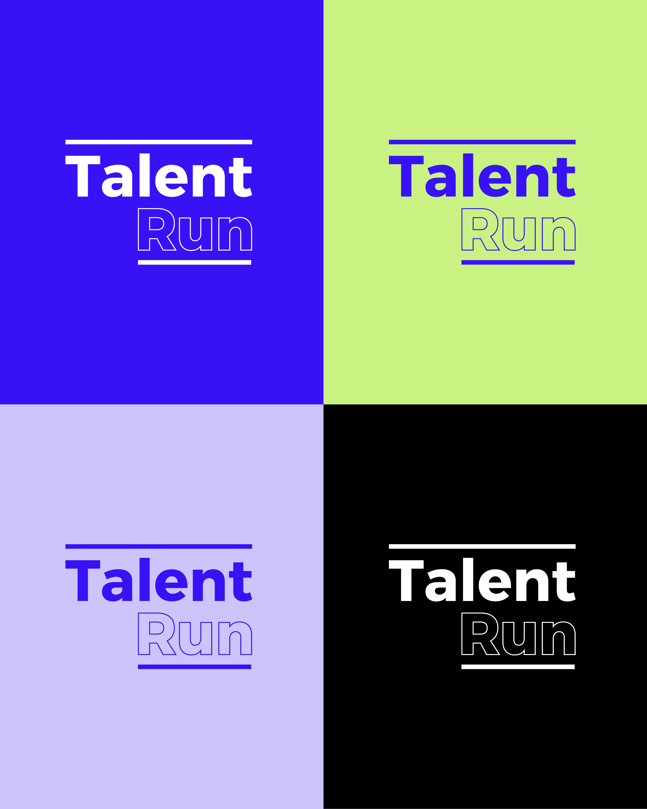 Four colorful squares with the text 'Talent Run' in different styles and colors.