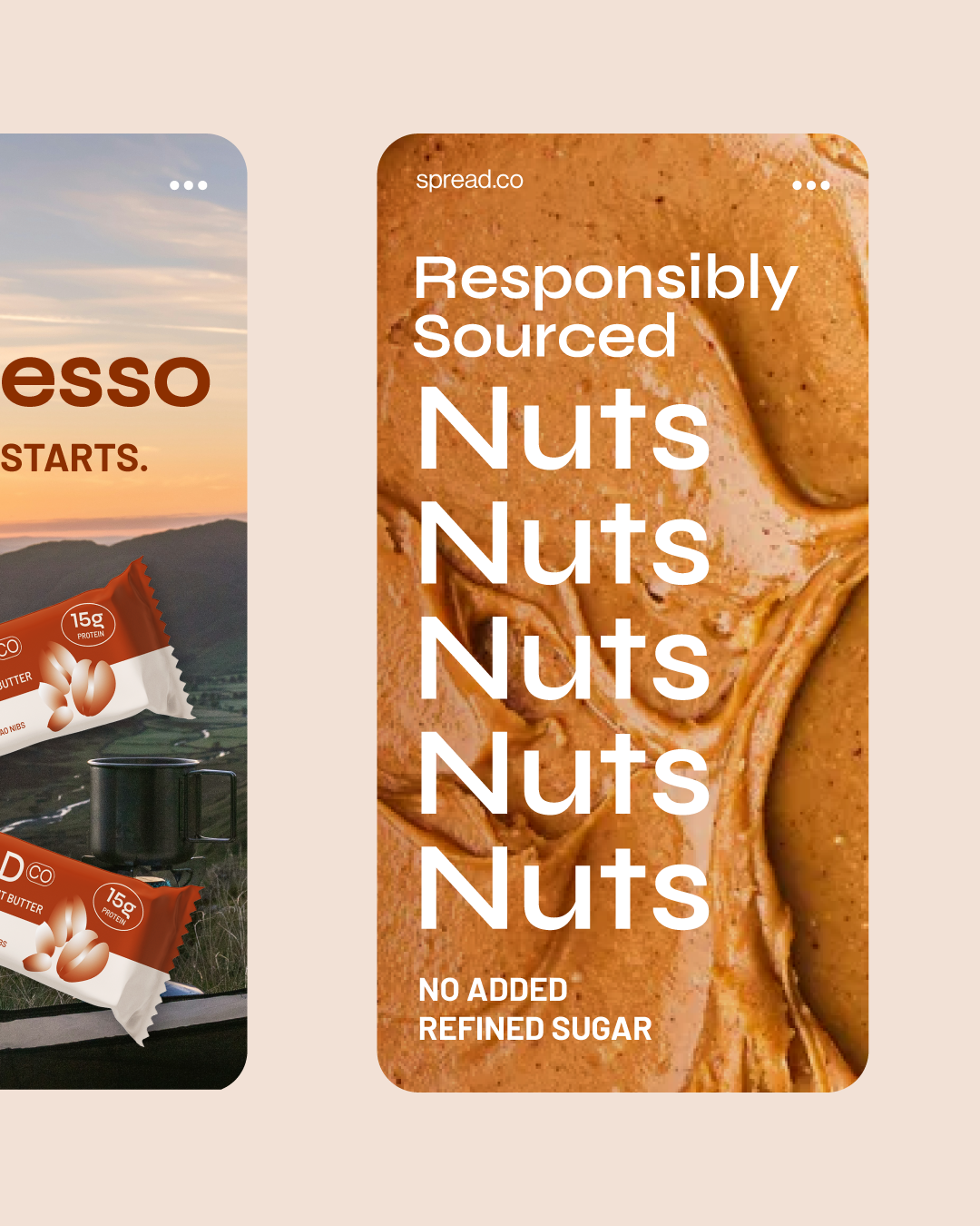 Package of responsibly sourced nuts with a close-up of nut pieces and text that says 'No added refined sugar'.
