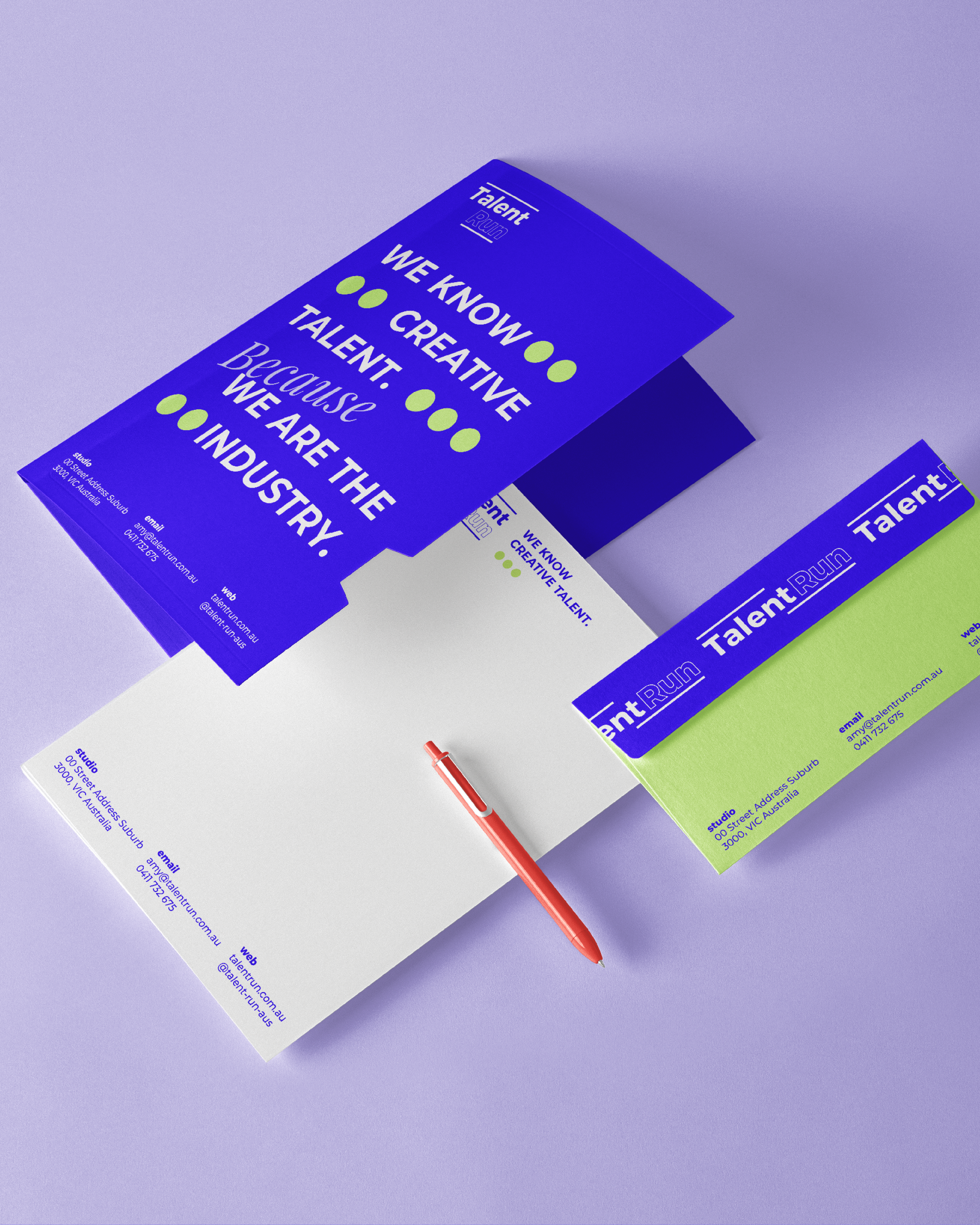 Business cards and flyers for Talent Run, a creative industry organization, with promotional messages and contact information on purple, white, and green backgrounds.