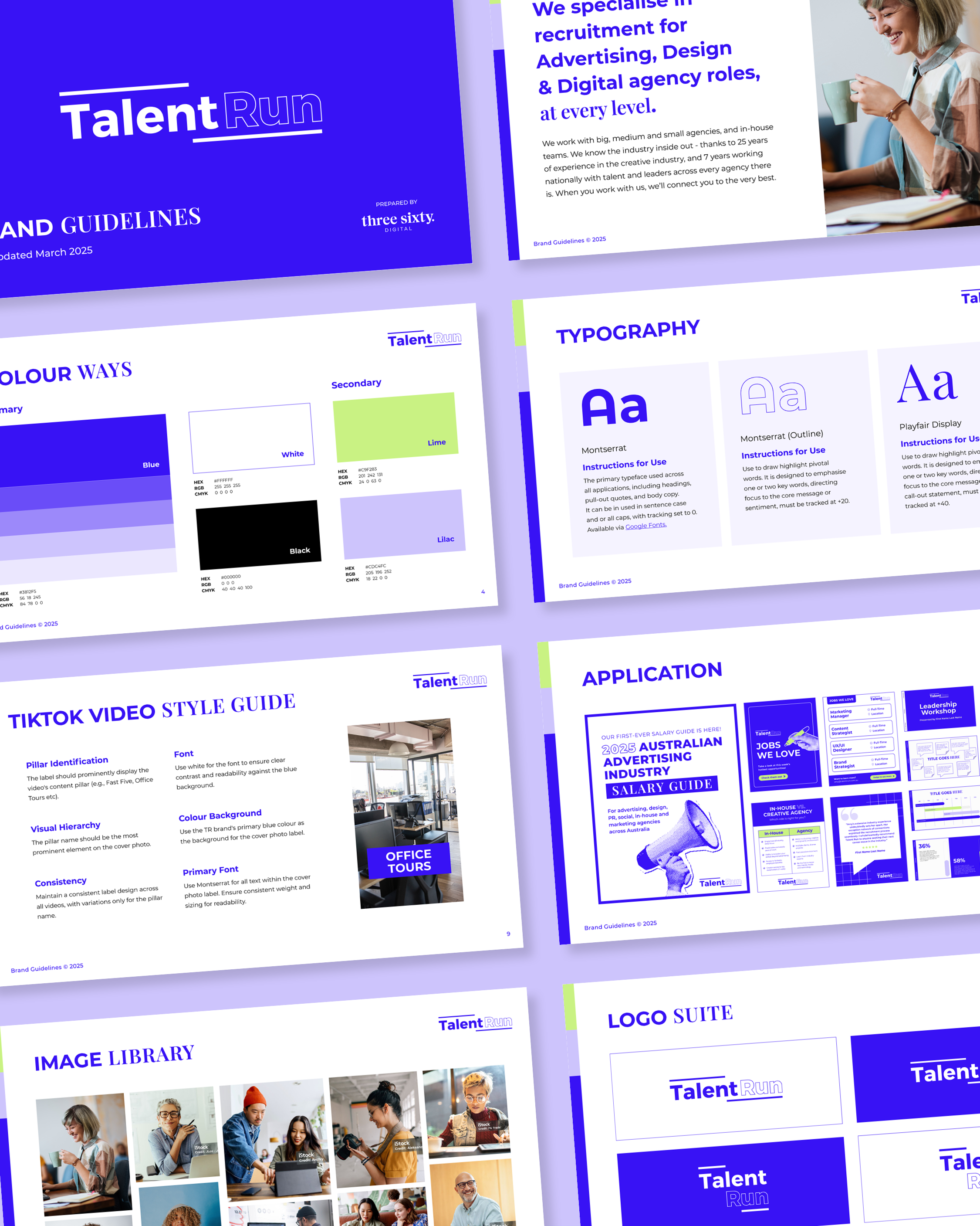 Six digital presentation slides related to Talent Run, a recruitment company specializing in advertising, design, and digital agency roles. The slides include company guidelines, typography, TikTok video style guide, application examples, image library, and logo suite, primarily using blue, purple, and white colors.