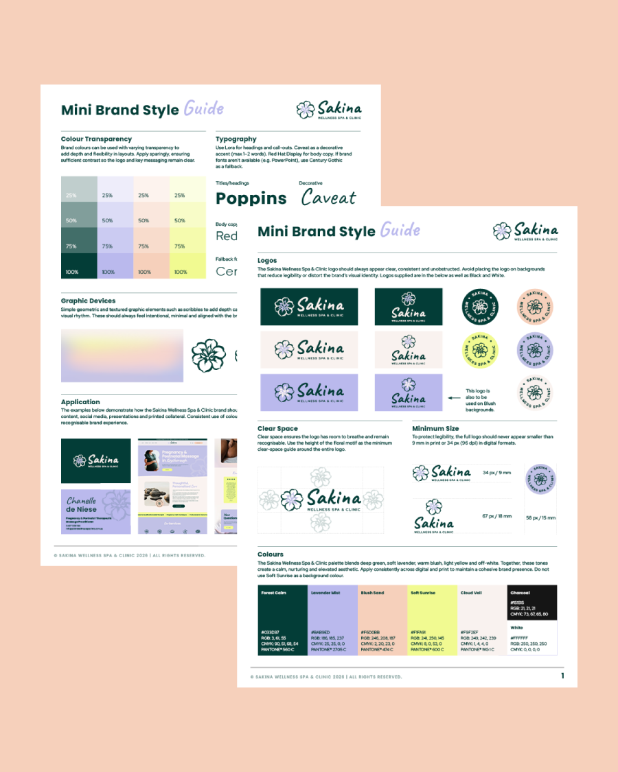 Guide for creating a mini brand style for Sakina Wellness Spa & Clinic, including color transparency, typography, logo options, graphic devices, application examples, clear space, minimum size, and color palette.