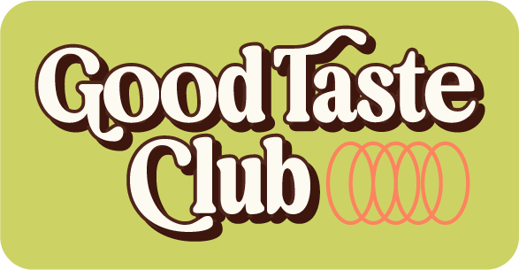 Logo for Good Taste Club with stylized text and a pink spiral design on a light green background.
