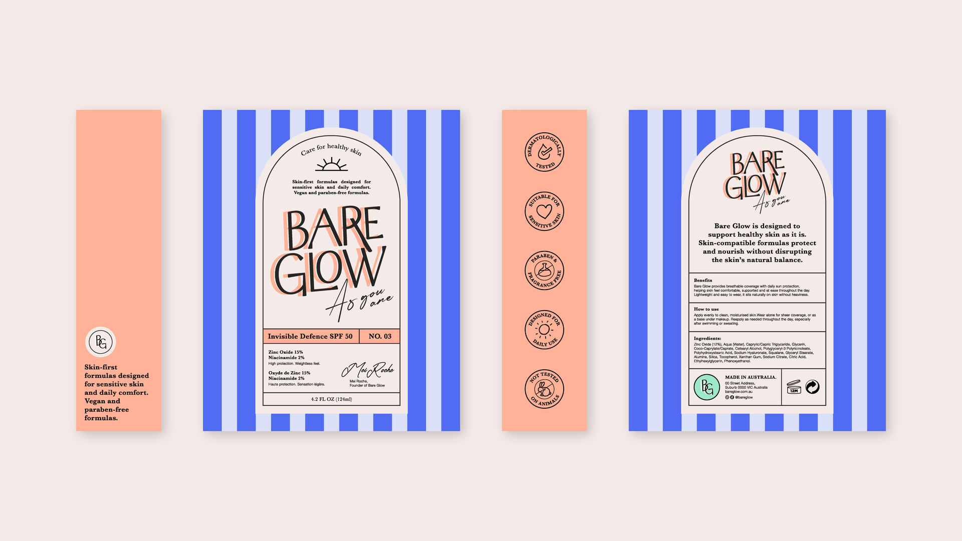 Packaging design for Bare Glow skincare product with a blue and white striped background, peach-colored side panel, and product label with black and peach text. The label includes product information, ingredients, benefits, and certifications.