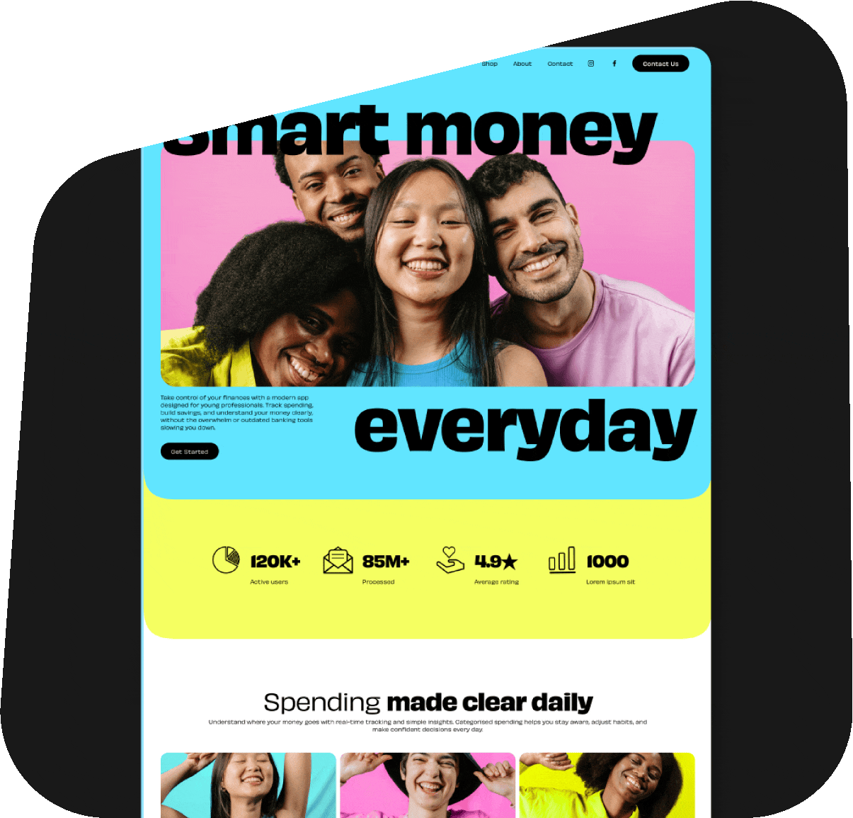 A colorful webpage design featuring a smiling diverse group of four young adults, with large text that says "smart money everyday," and icons displaying user statistics such as active users, processed transactions, ratings, and other data.