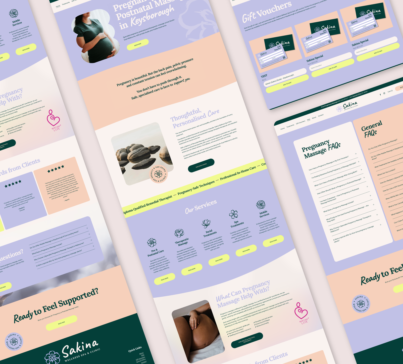 Screenshots of a website offering pregnancy and postnatal massage services, featuring images of a pregnant woman and a massage, with sections describing services and client testimonials.
