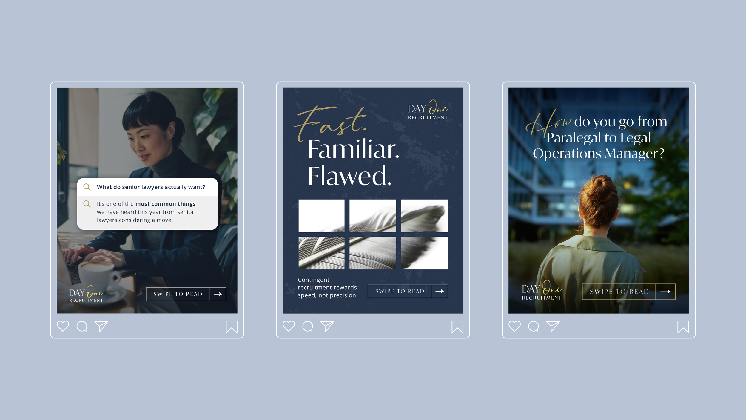 Three digital Instagram-style advertisements for Day One Recruitment, featuring a woman working on a laptop with a coffee, a feather image with text about quick recruitment, and a woman with her back facing a building with overlay text about career progression.