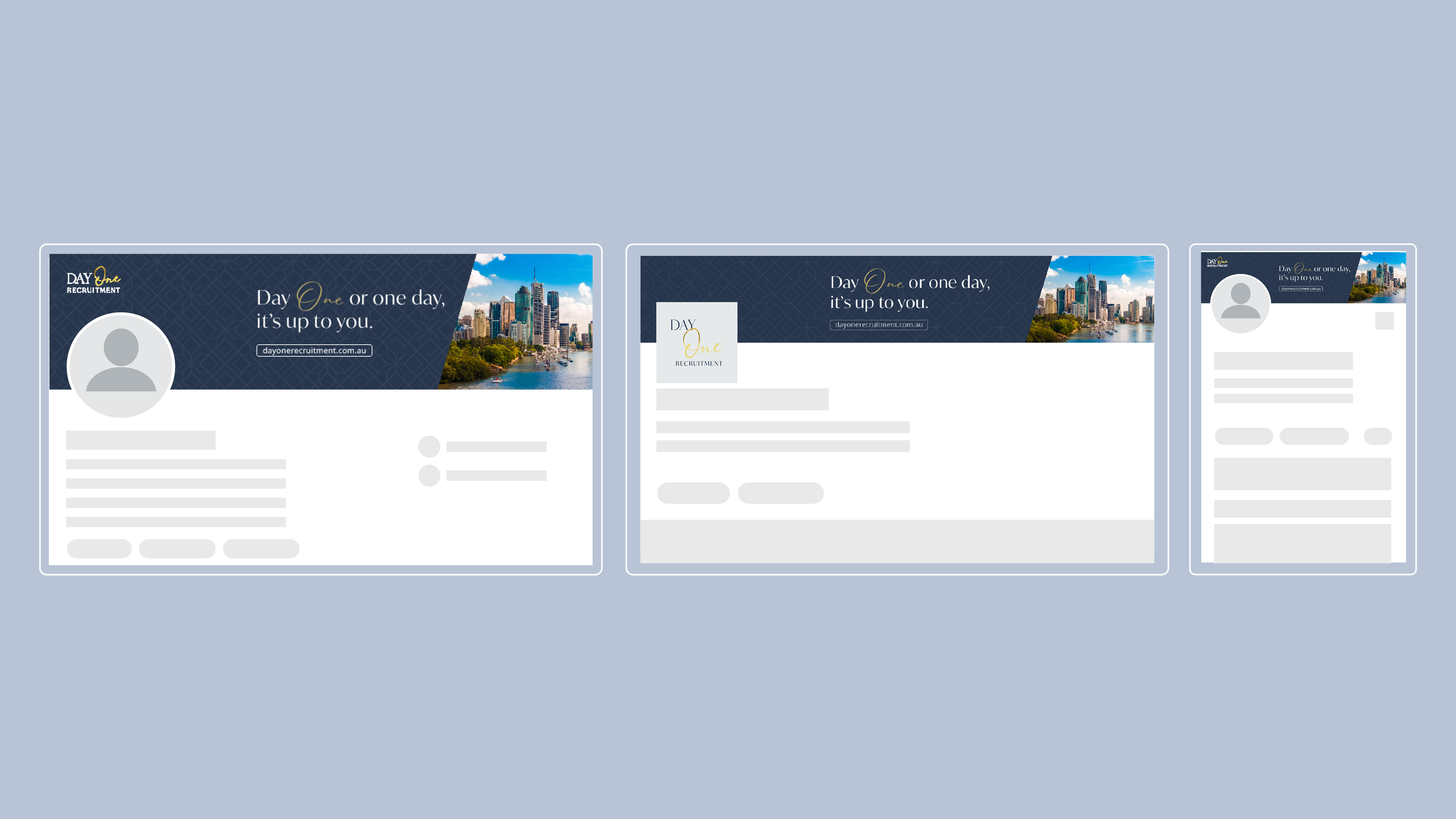 Three social media post templates for Day One Recruitment featuring city skyline images and the tagline "Day One or one day, it's up to you."