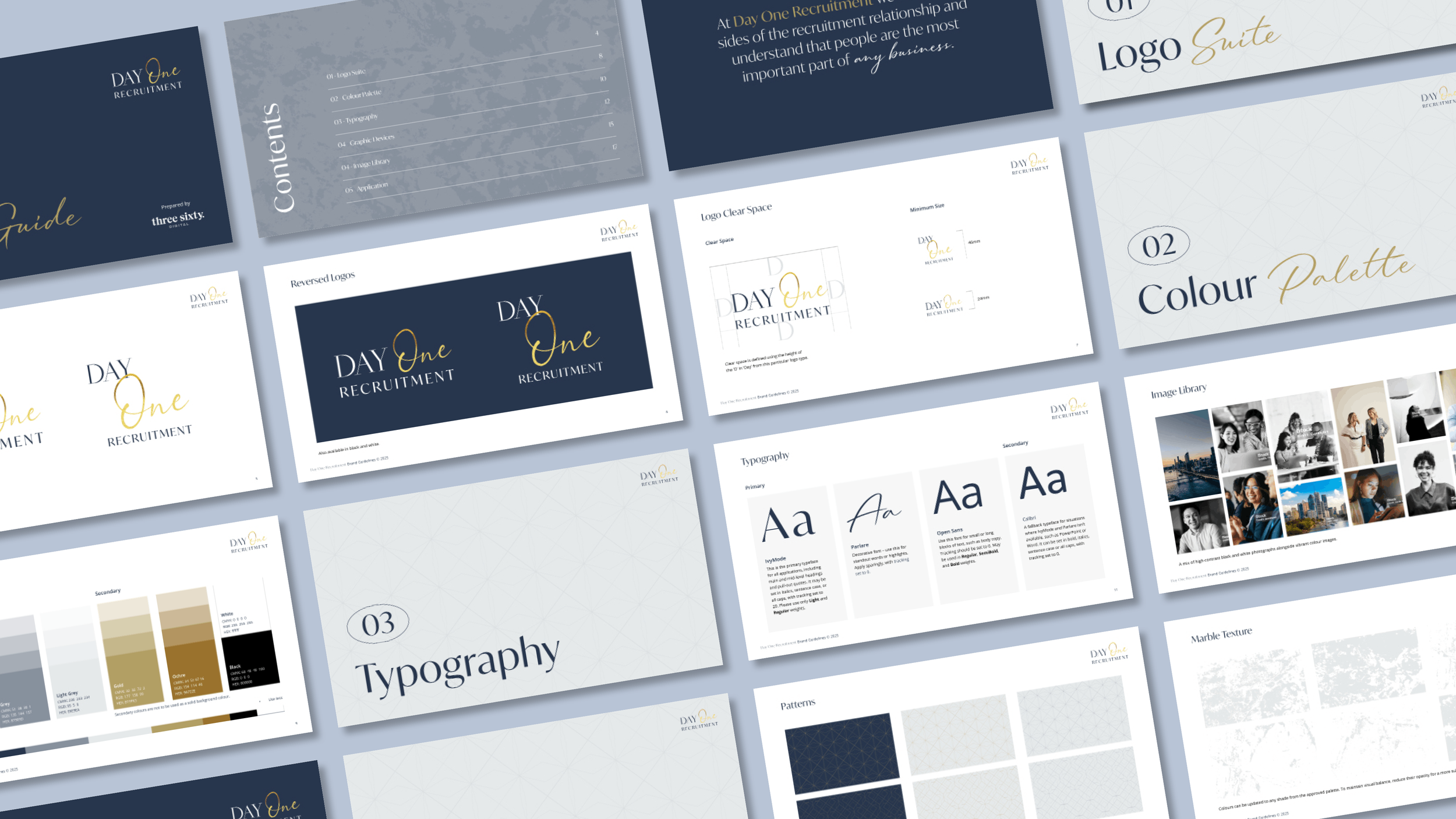 A presentation slide deck for 'Day One Recruitment' showcasing branding guidelines, including logo versions, color palette, typography options, image library, patterns, and marble texture samples.