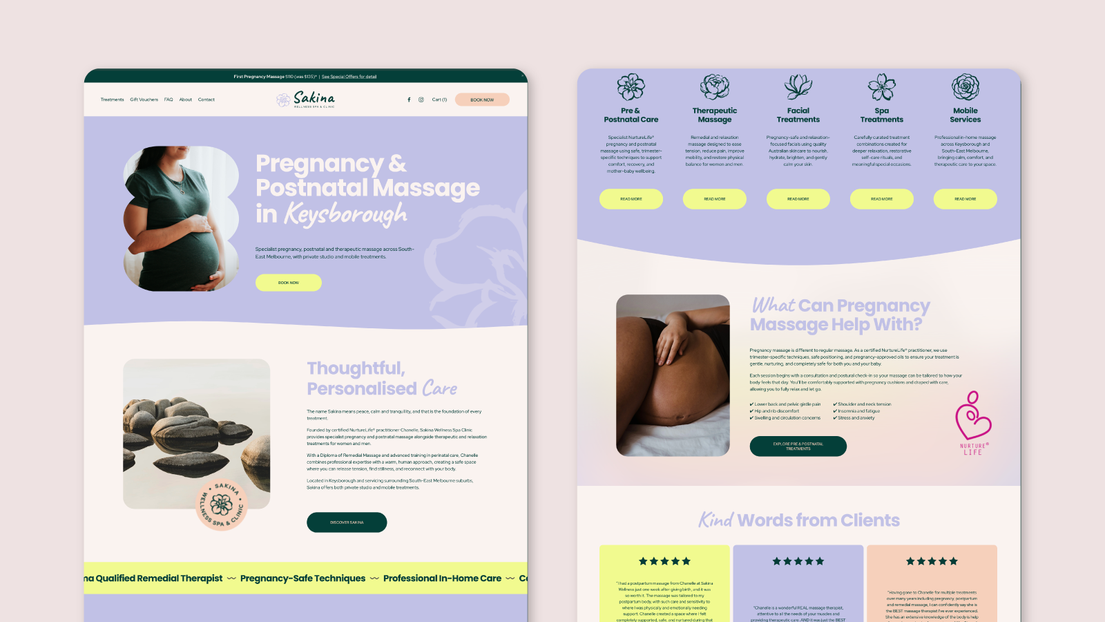 Screenshots of a website offering pregnancy and postnatal massage services, featuring images of a pregnant woman and a massage, with sections describing services and client testimonials.