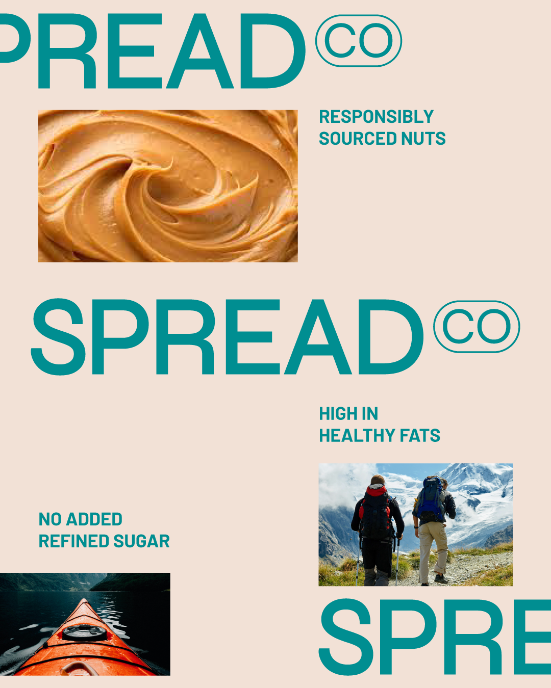 Packaging design for Spread co, featuring images of peanut butter, two hikers in the mountains, and a kayak on a lake.