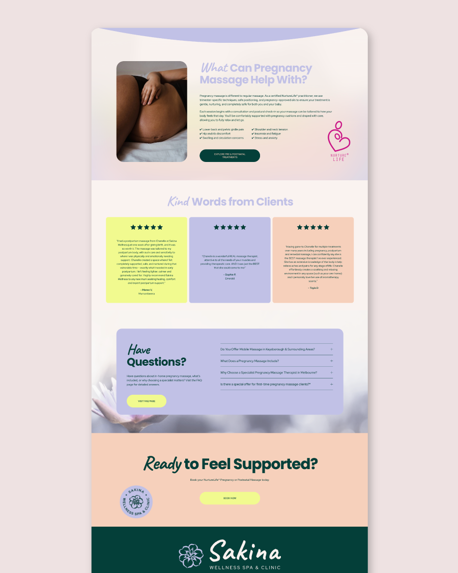 A website page for Nakina Wellness Spa & Clinic offering pregnancy massage services, featuring a header with a pregnant woman, sections with customer testimonials, frequently asked questions, and a booking prompt.