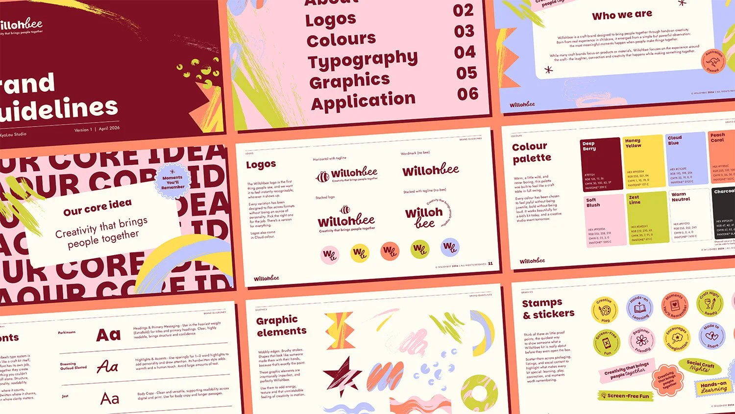 A colorful presentation board titled 'Brand Guidelines' from WillohBee, April 2026, containing sections on core ideas, logo designs, color palette, graphic elements, stamps and stickers, and typography. The design uses vibrant colors and playful graphics.