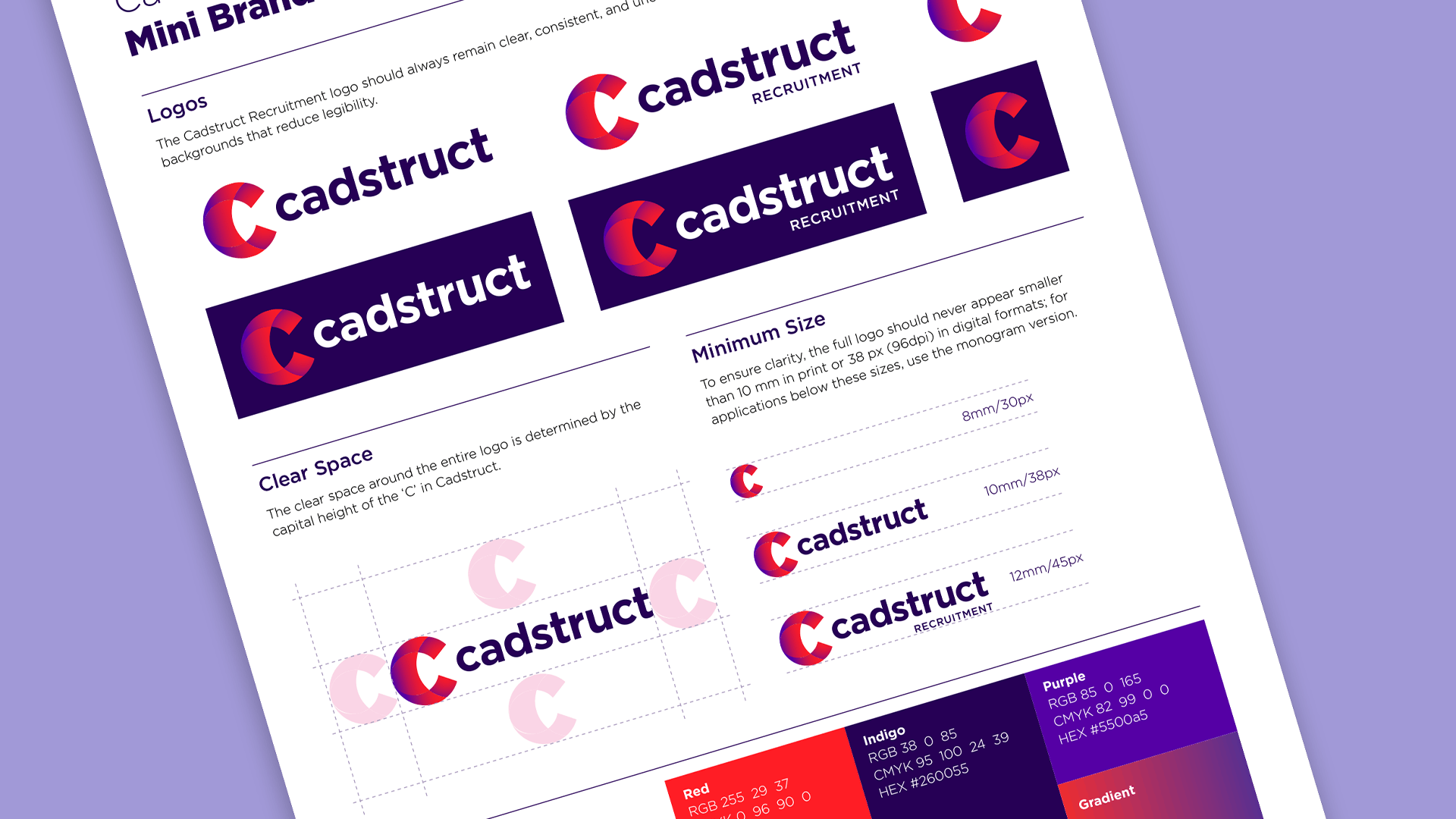 Design guideline sheet for Cadstruct Recruitment logo with various logo versions, clear space, minimum size specifications, and color palette including red, indigo, purple, and gradient.