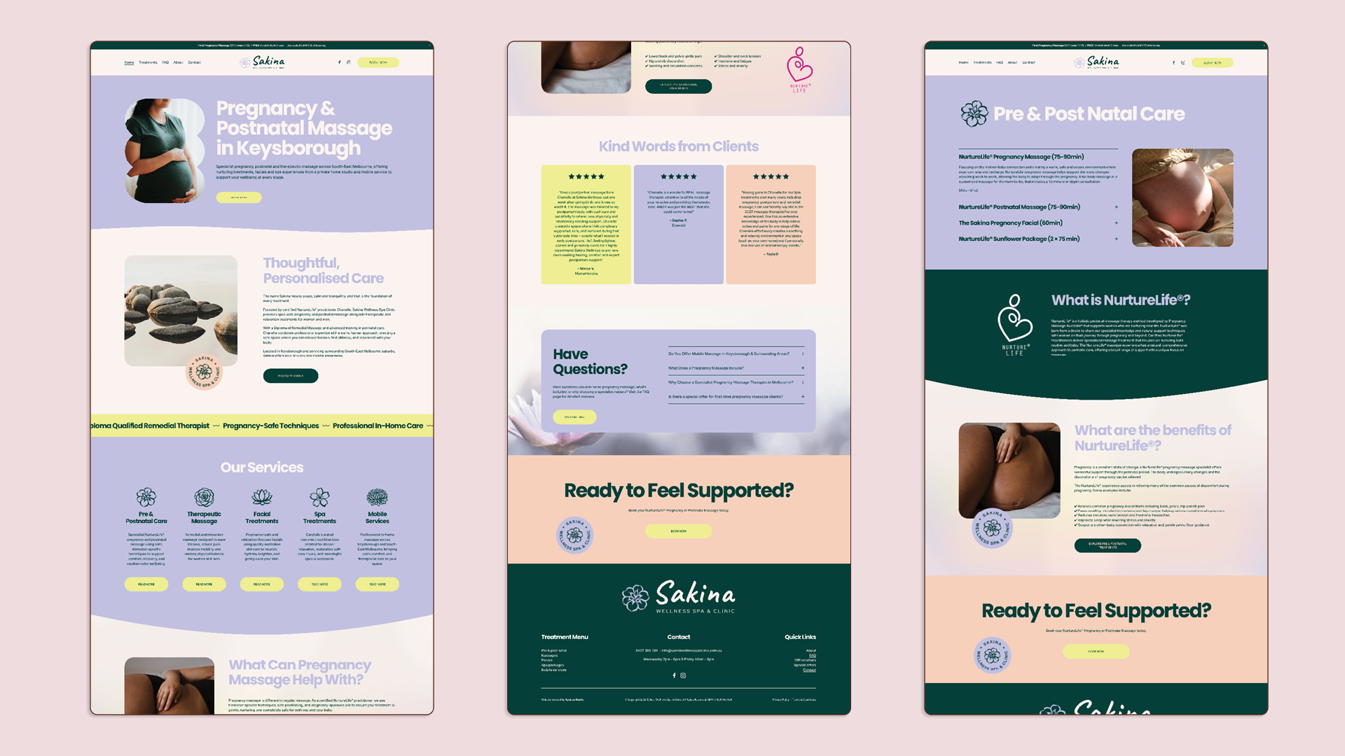 A website of a wellness spa and clinic offering pregnancy and postnatal massage services, with sections about treatments, client reviews, services like therapeutic massage, facial treatments, spa treatments, and mobile services, along with images of pregnant women and calm, natural imagery.