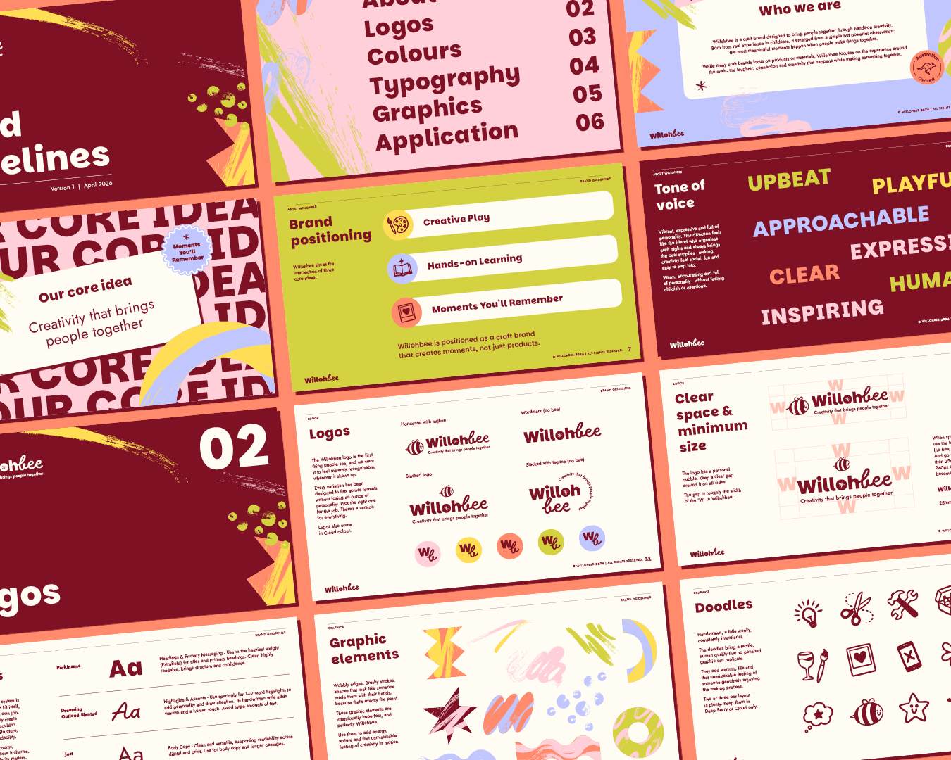 A collection of colorful, graphic design presentation slides on brand identity, including topics such as logos, colors, typography, and application, with various text styles and visual elements.