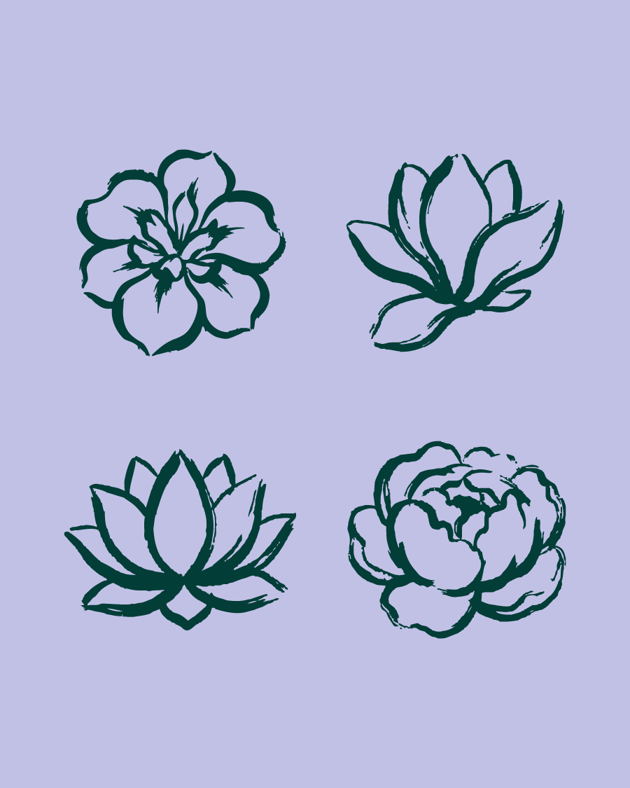Four black and white line drawings of various flowers on a light purple background, including a rose, a lotus, a peony, and a chrysanthemum.
