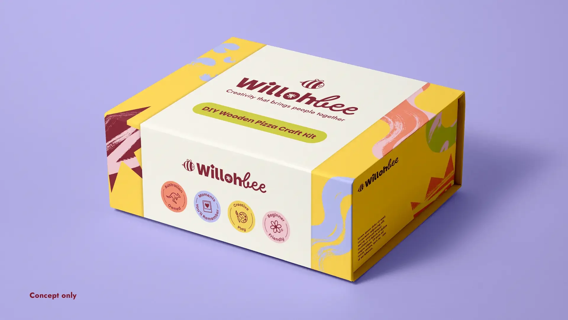 A colorful cardboard box labeled 'Willohbee' with the tagline 'Creativity that brings people together,' designed as a DIY wooden pizza craft kit, with playful, abstract patterns and icons indicating fun, creativity, and early childhood activities on a purple background.