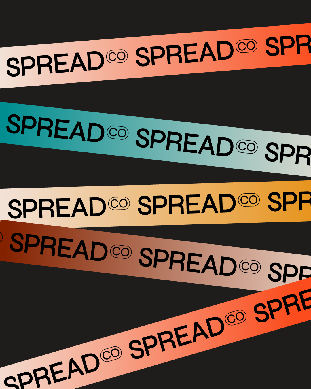 Multiple colorful strips with the word 'SPREAD Co' on a black background.