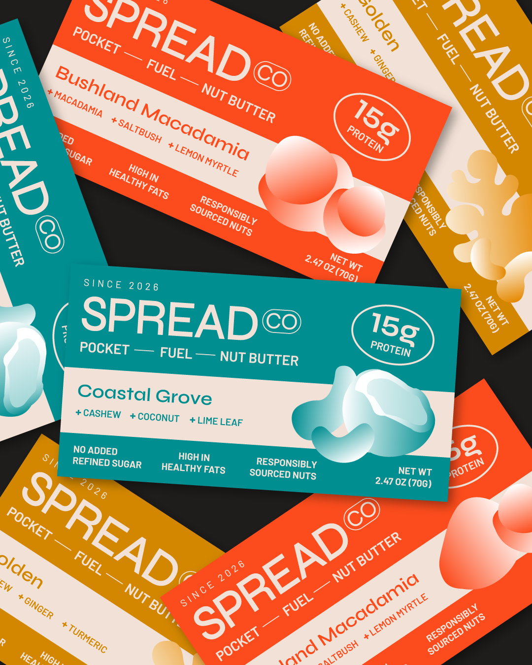 Colorful package labels for nut butters from Spread Co, featuring flavors Bushland Macadamia, Coastal Grove, and Golden. Each label shows flavor, protein content, ingredients, and branding details.