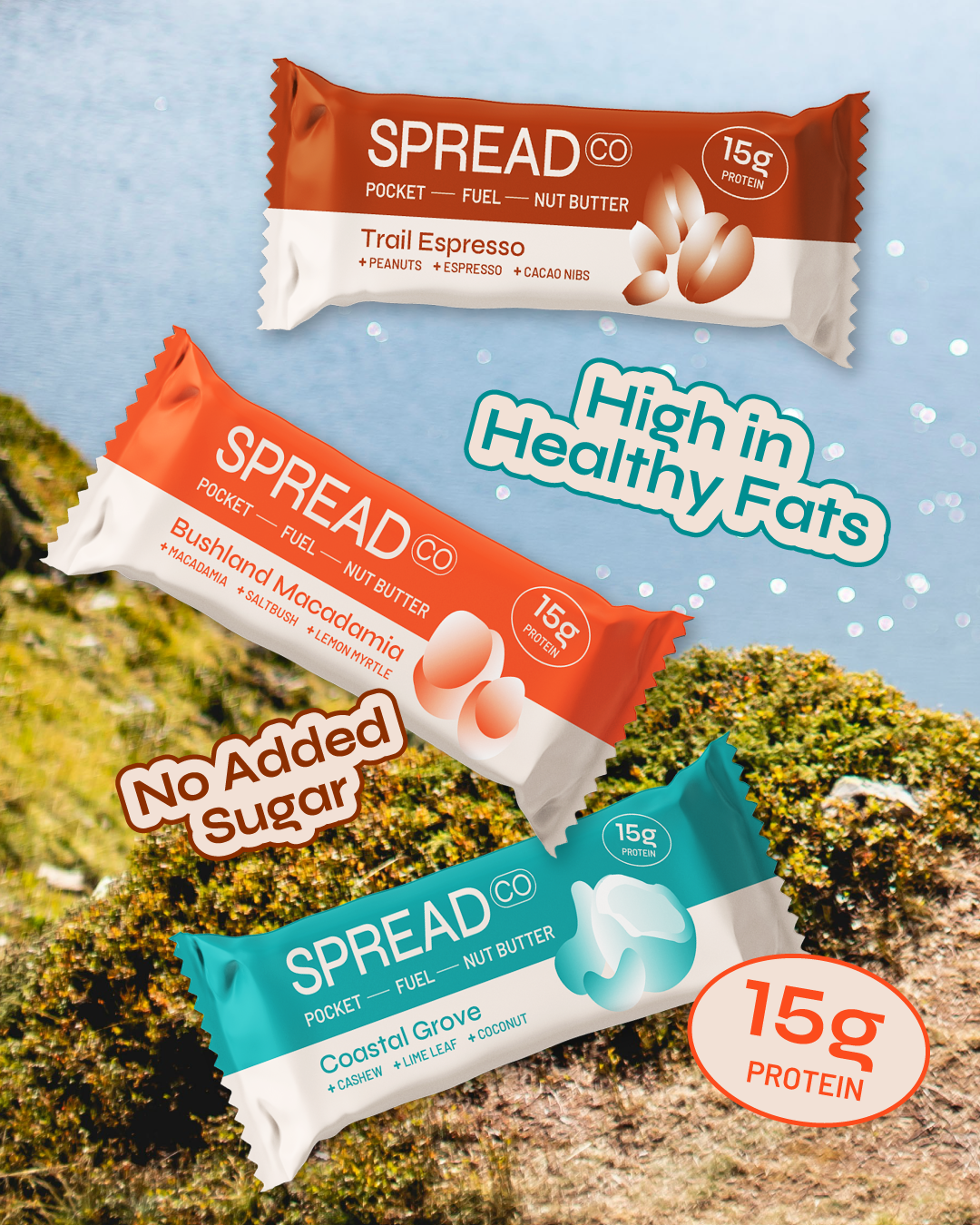 Three protein snack bars from the brand Spread Co, each with different flavor options, are floating above mossy ground with a backdrop of a body of water. The flavors are Trail Espresso with peanuts and cacao nibs, Bushland Macadamia with macadamia, saltbush, and lemon myrtle, and Coastal Grove with cashew, lime leaf, and coconut. The bars highlight high protein content of 15 grams each and no added sugar.