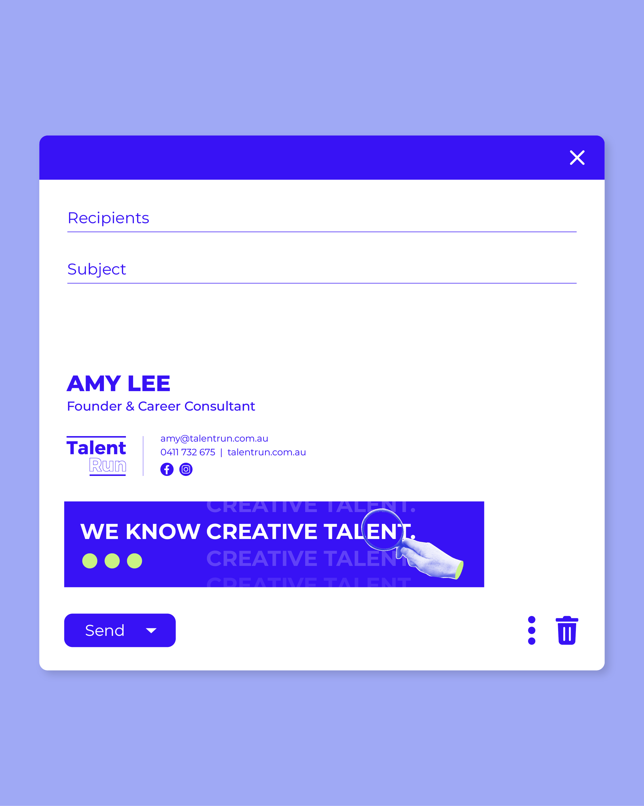 Digital email signature for Amy Lee, a founder and career consultant, with contact details and a promotional banner about creative talent.