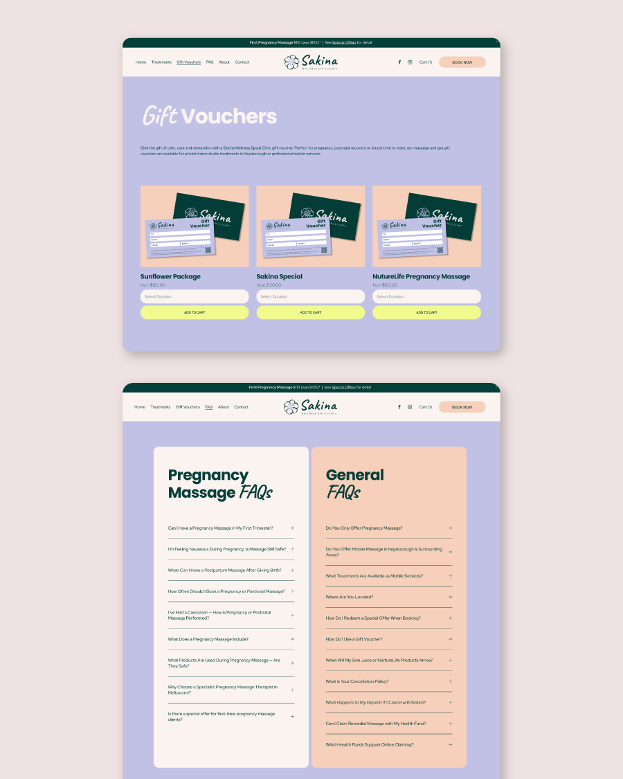 Screenshots of a website for Sakina Wellness Spa & Clin, showcasing gift vouchers for various massage packages and FAQs about pregnancy and general services.