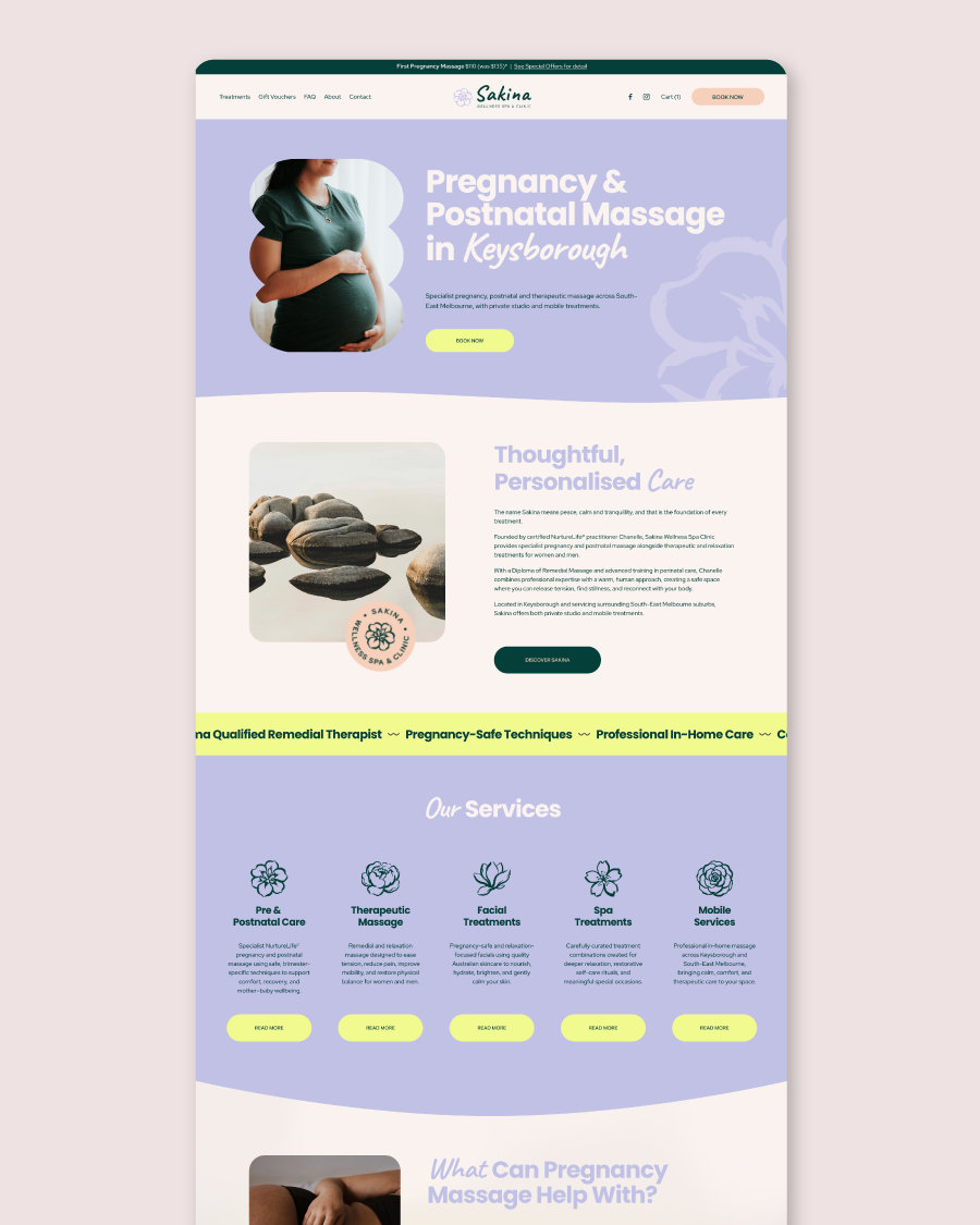 A webpage for Sakina, offering pregnancy and postnatal massage in Keysborough, featuring an image of a pregnant woman holding her belly, services like therapy massage, facial treatments, spa treatments, mobile services, and information about pregnancy massage benefits.