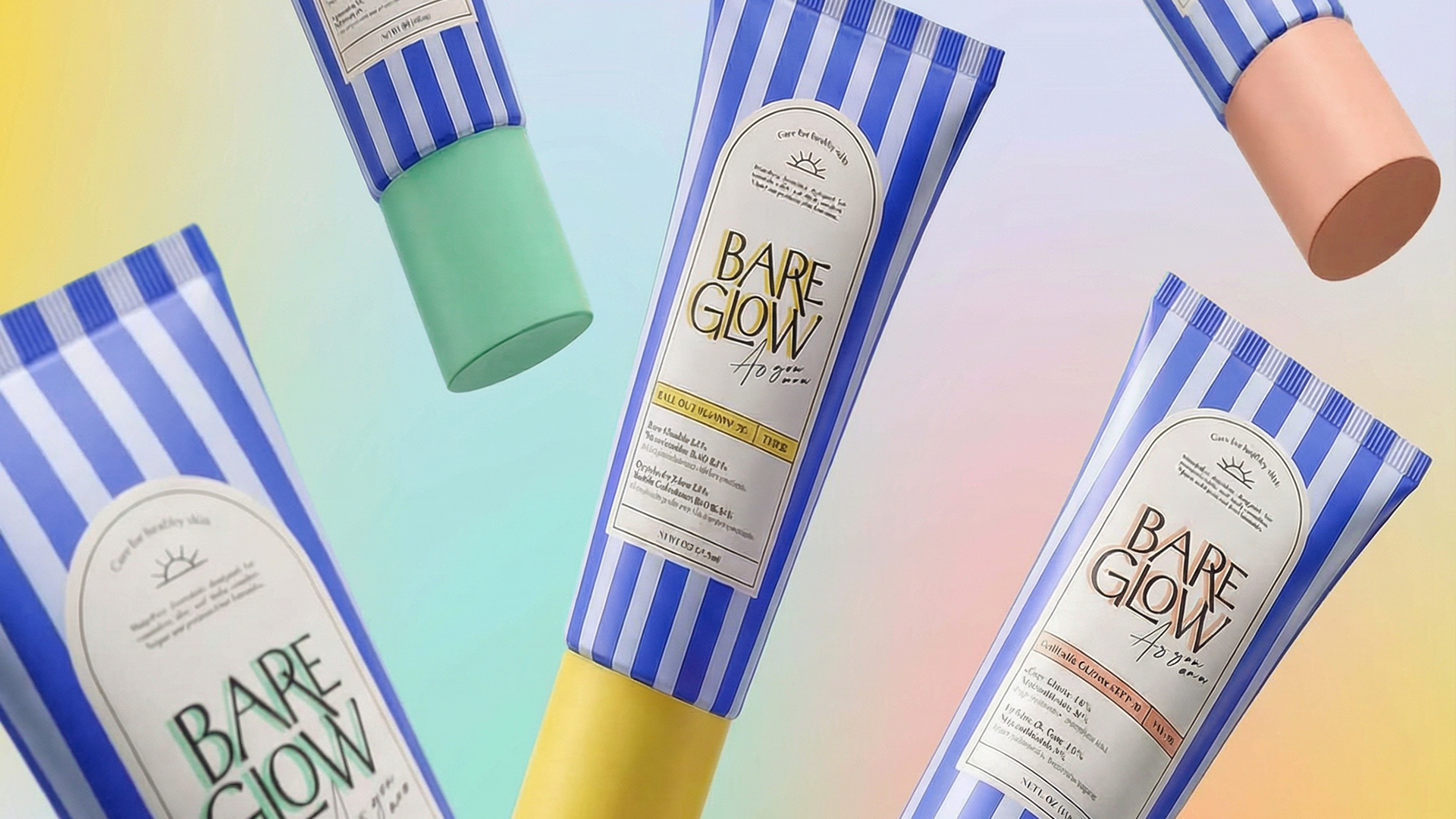 Multiple beauty products from Bare Glow, including tubes with blue and white striped packaging and colorful caps, floating against a pastel rainbow background.